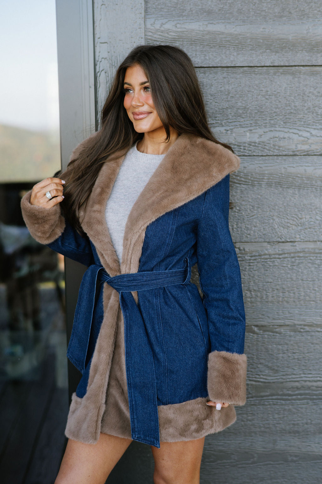 Fur Contrast Denim Coat