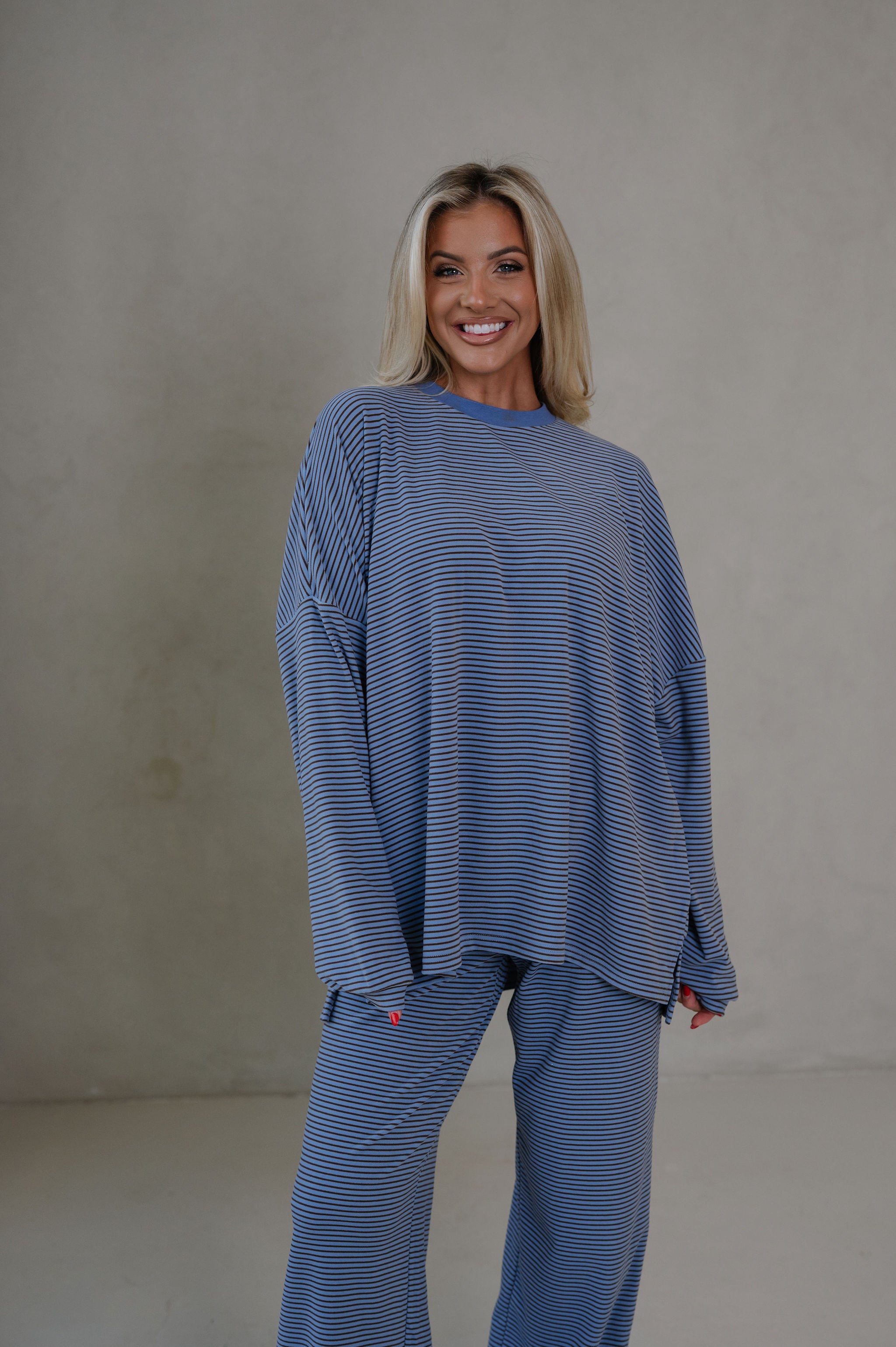 Nora Striped Fleece Oversized Top-Blue
