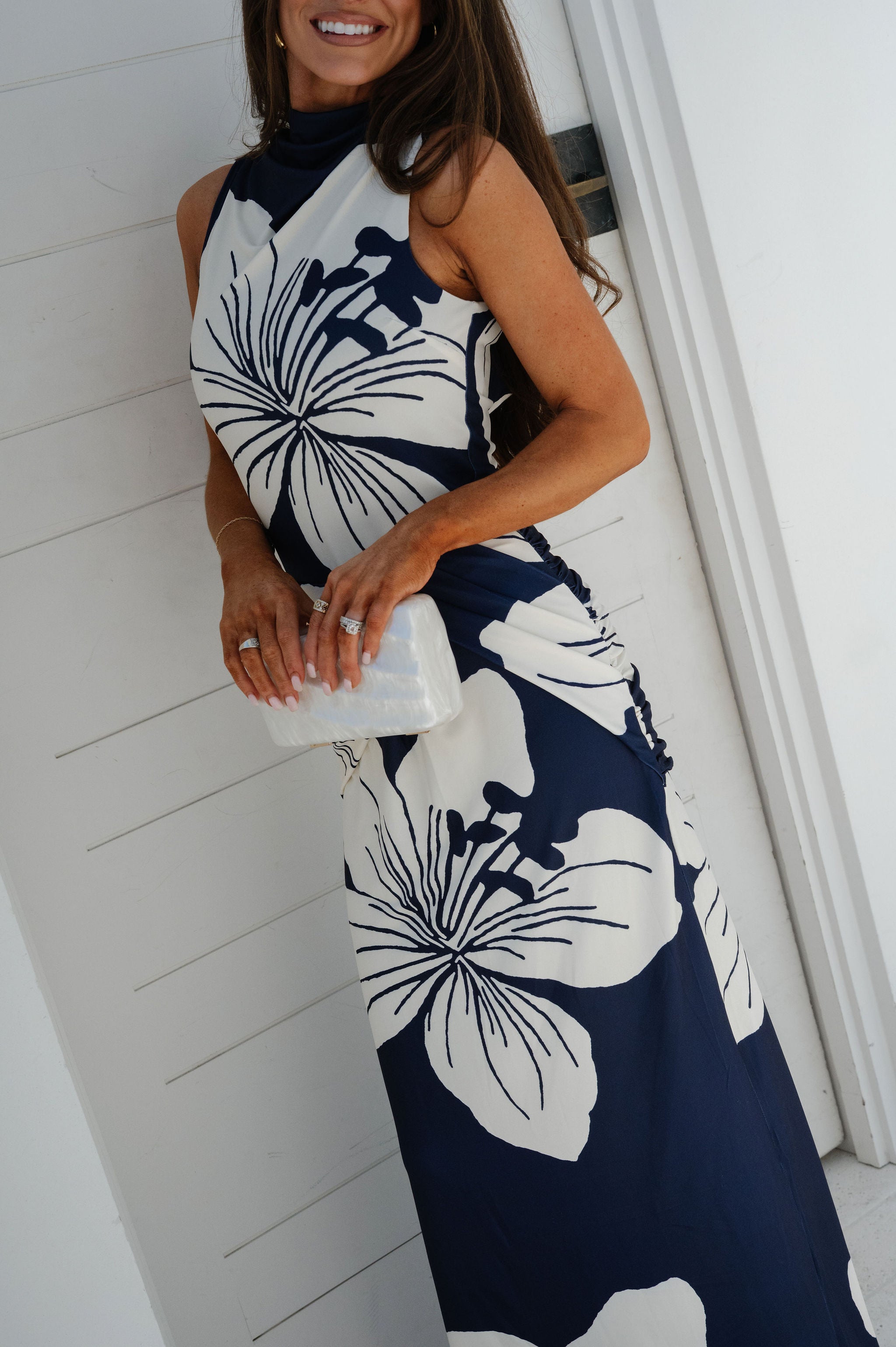 Floral Ruched Maxi Skirt-Navy/White