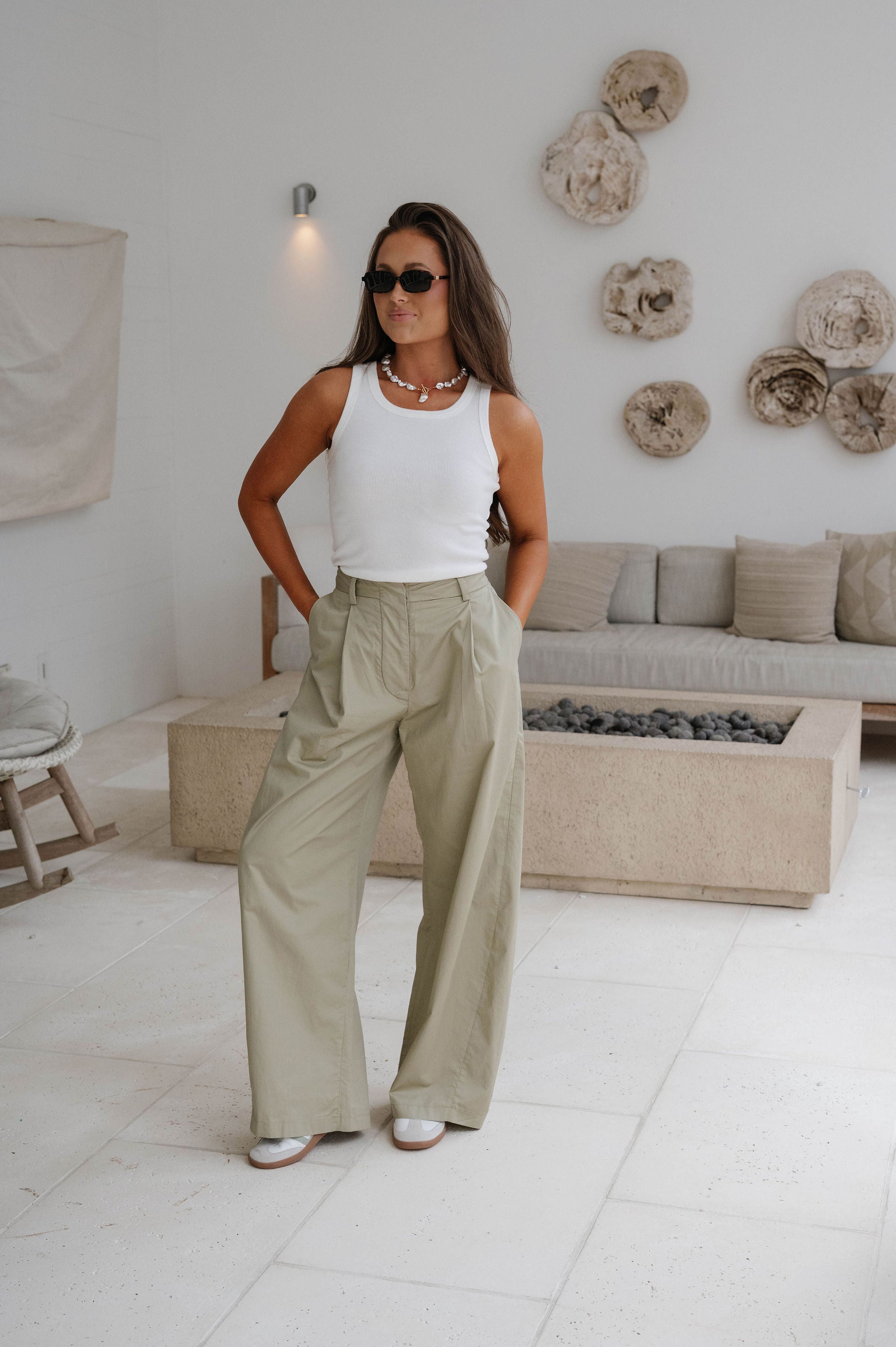 High-Rise Pintuck Wide Leg Pants-Light Olive