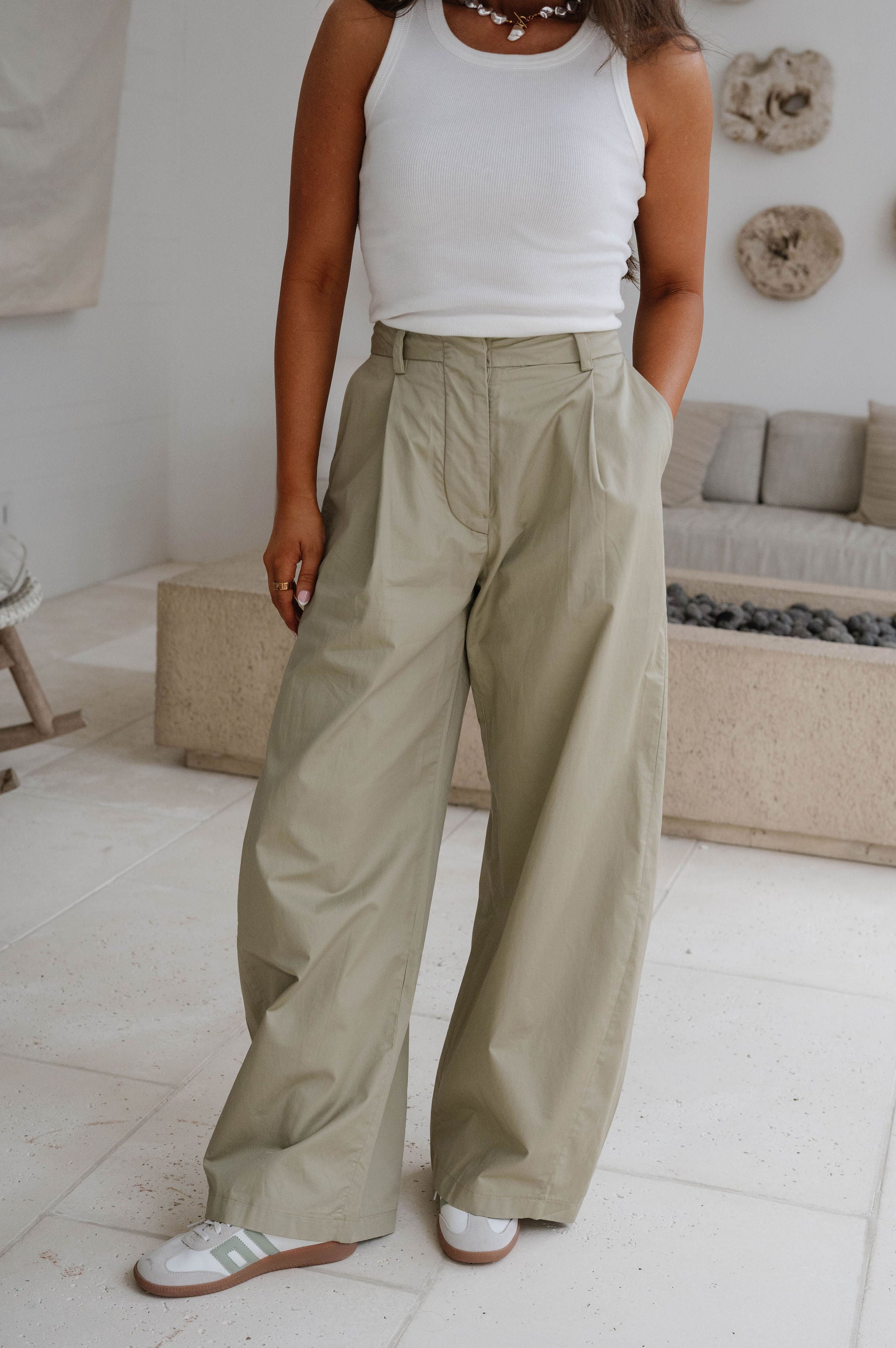 High-Rise Pintuck Wide Leg Pants-Light Olive