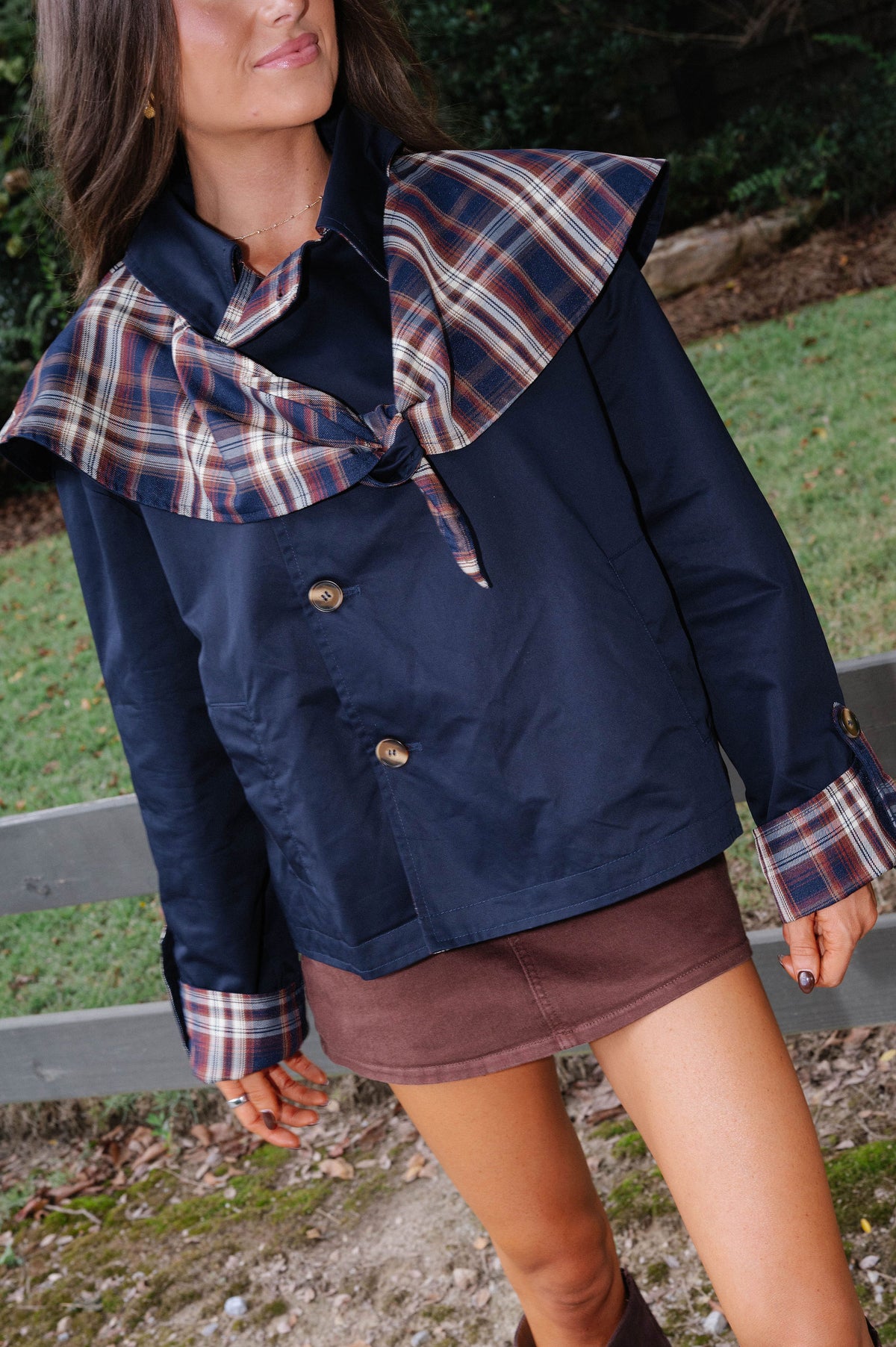 Plaid Cape Jacket-Navy