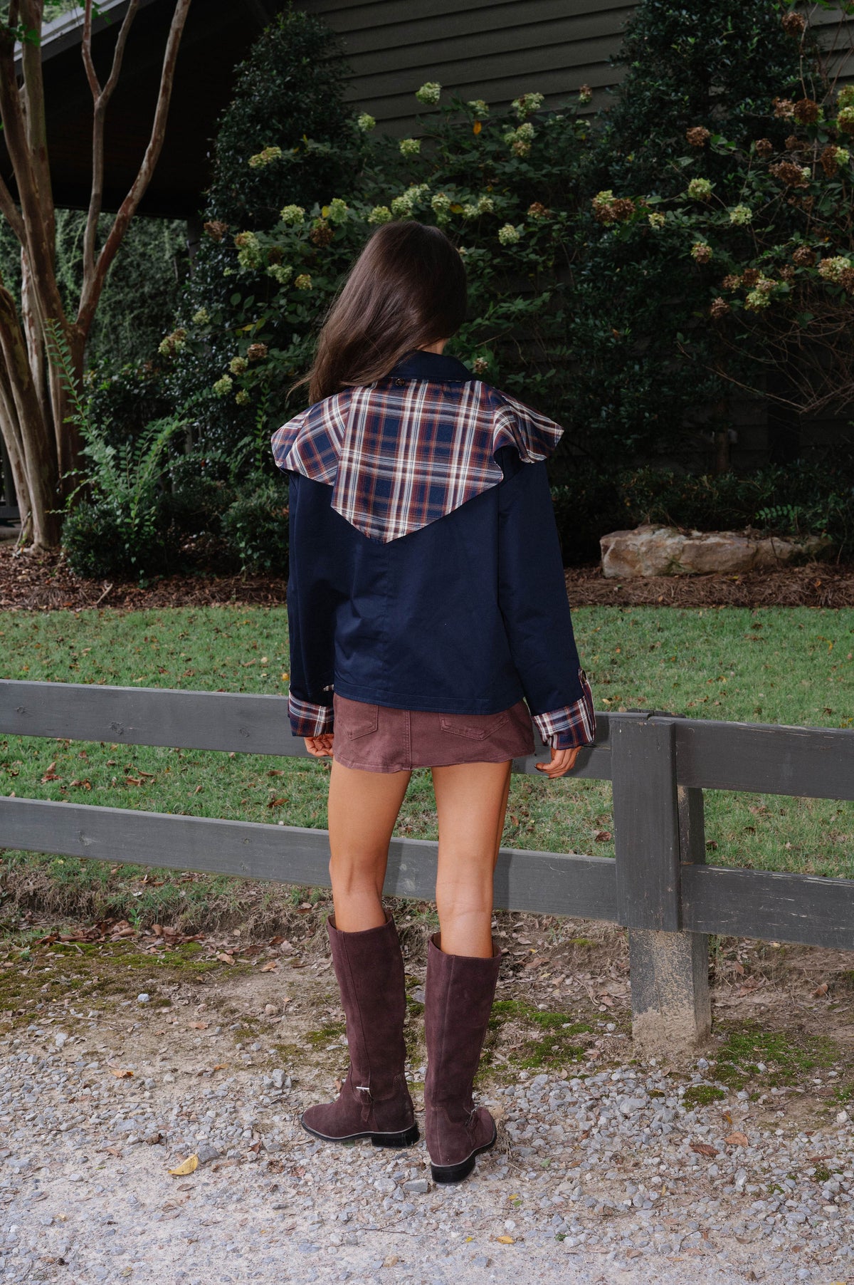 Plaid Cape Jacket-Navy