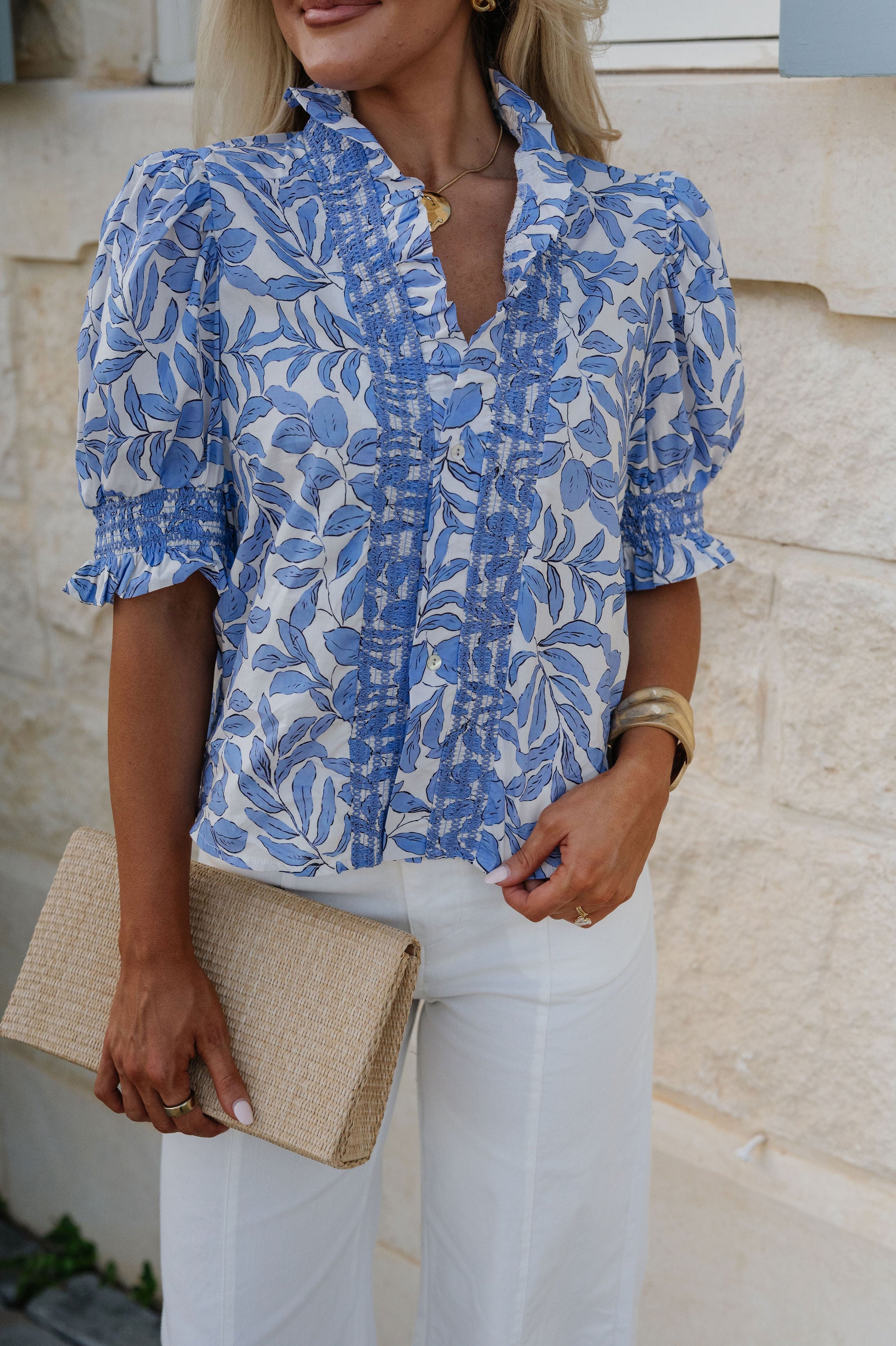 Myla Ruffle Puff Sleeve Blouse-Blue