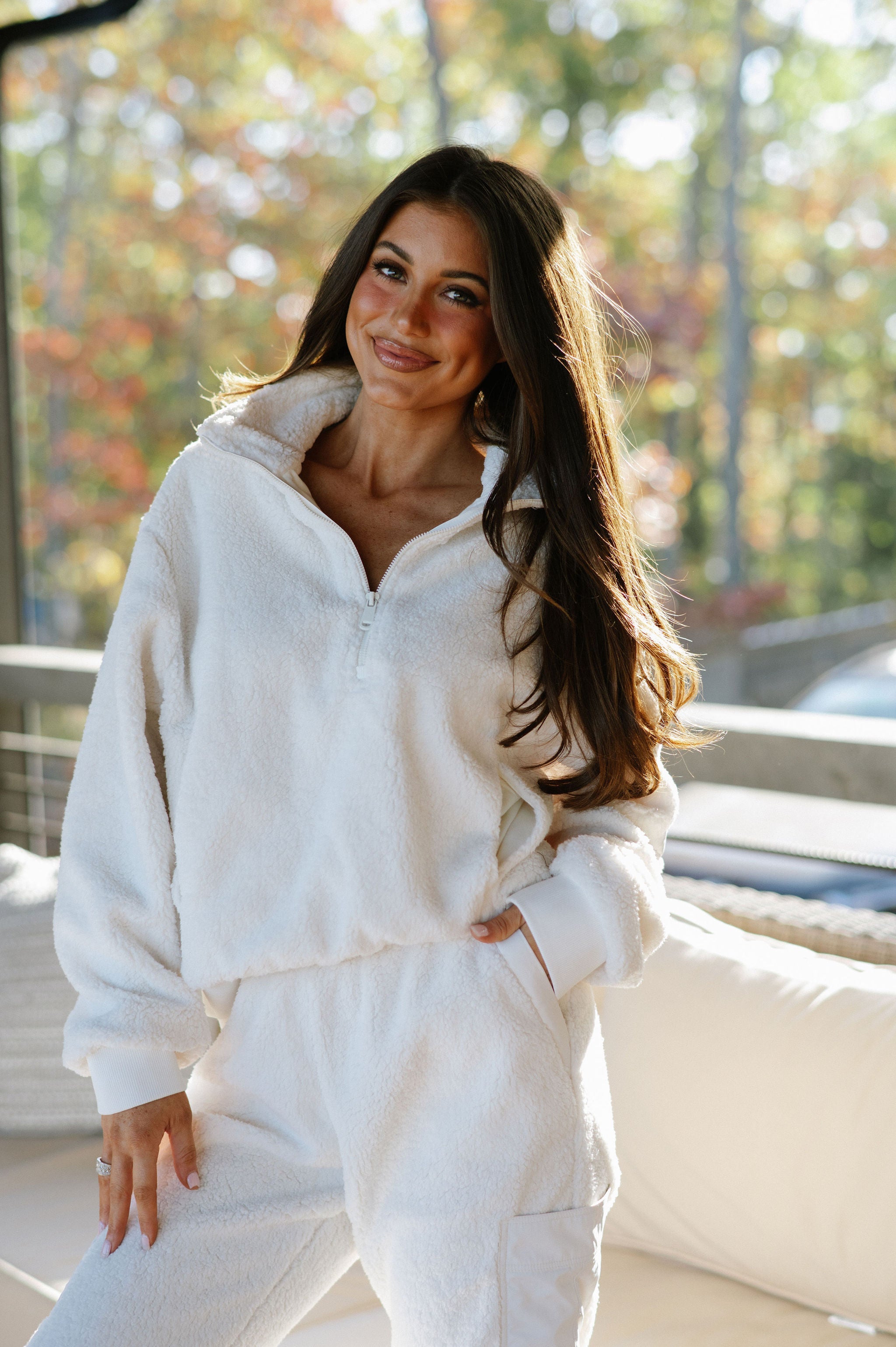 Sherpa Quarter Zip Jacket Set-Ivory