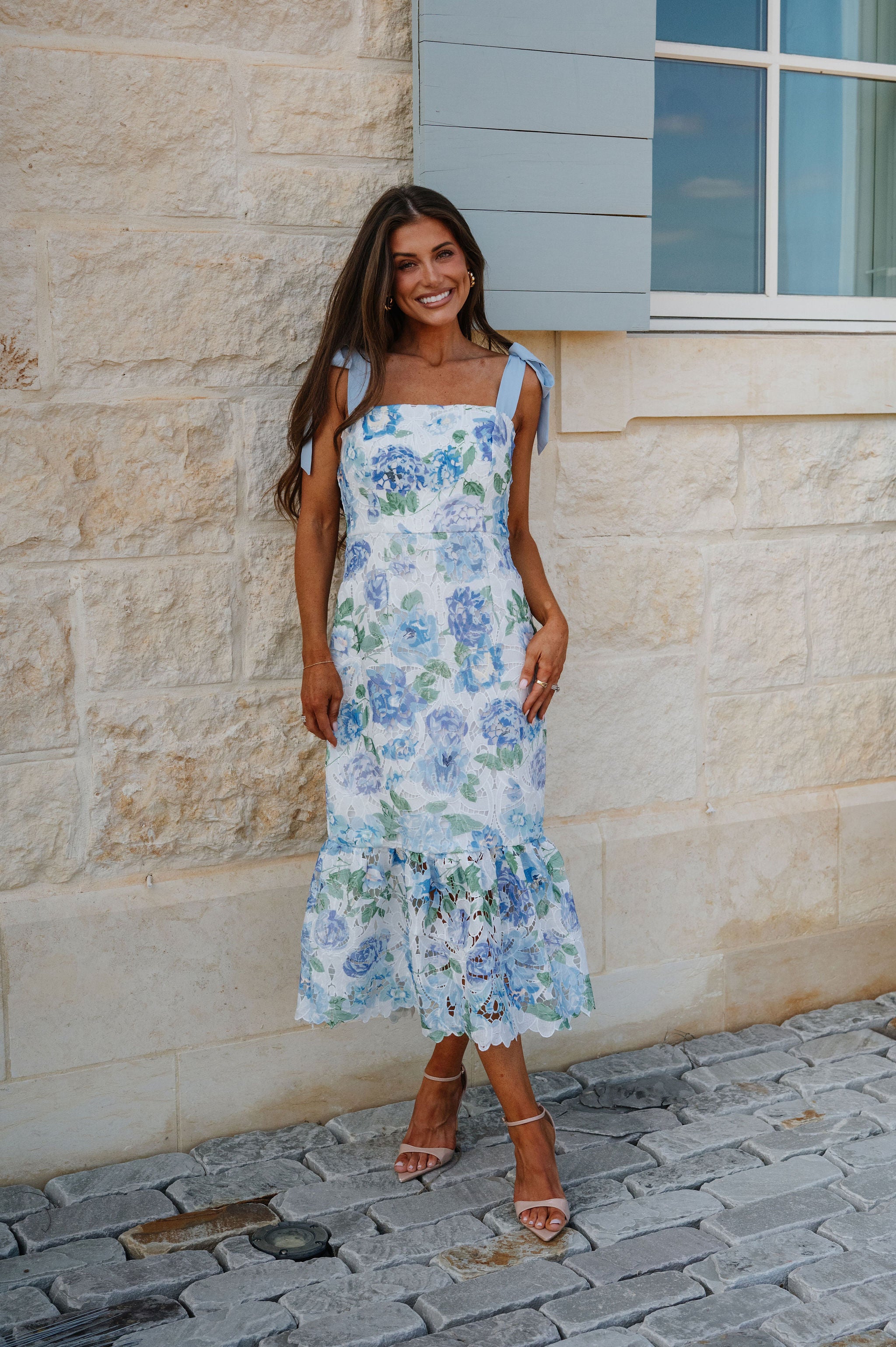 Floral Printed Midi Dress-Blue