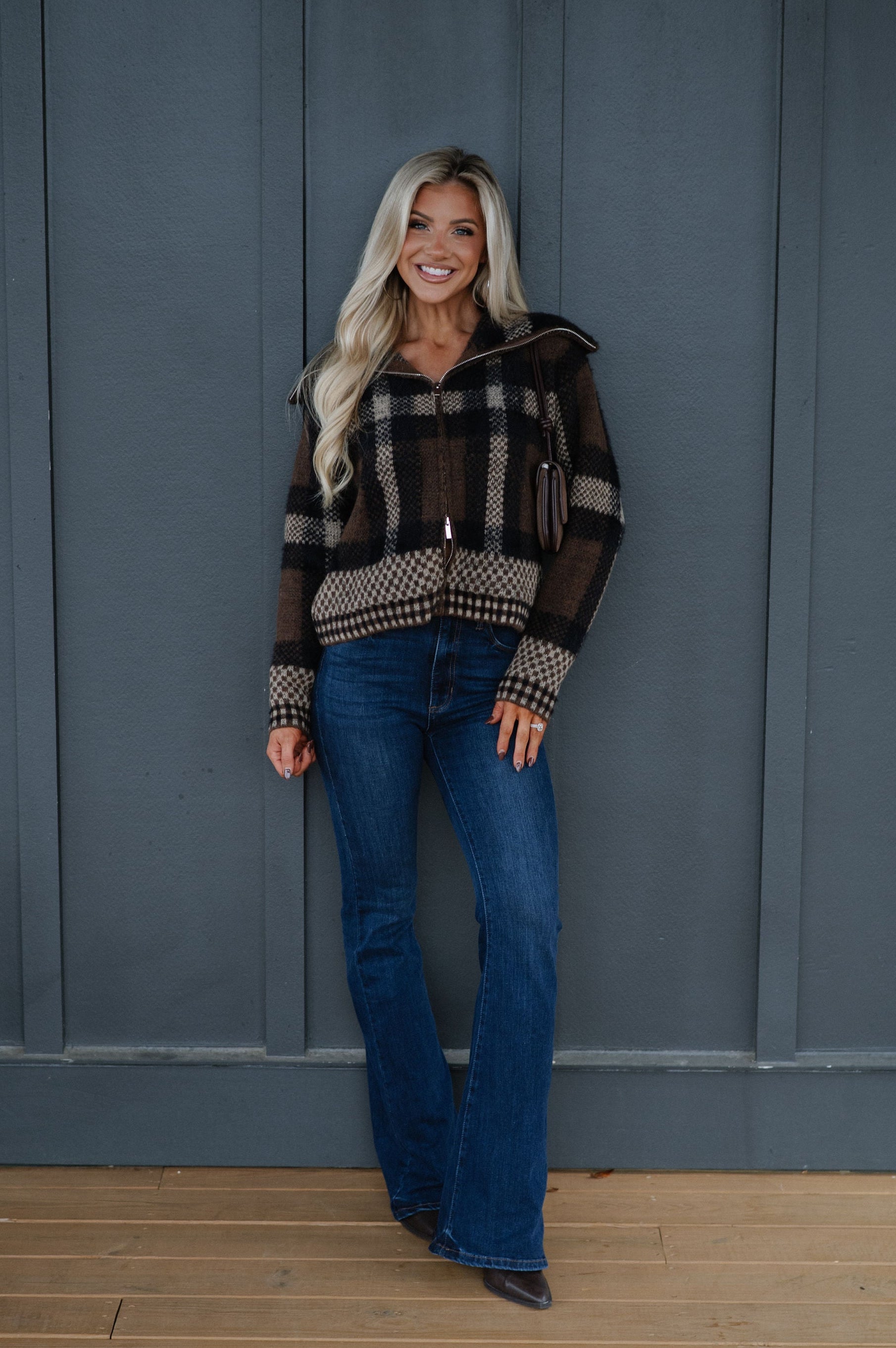 Plaid Knit Jacket-Brown