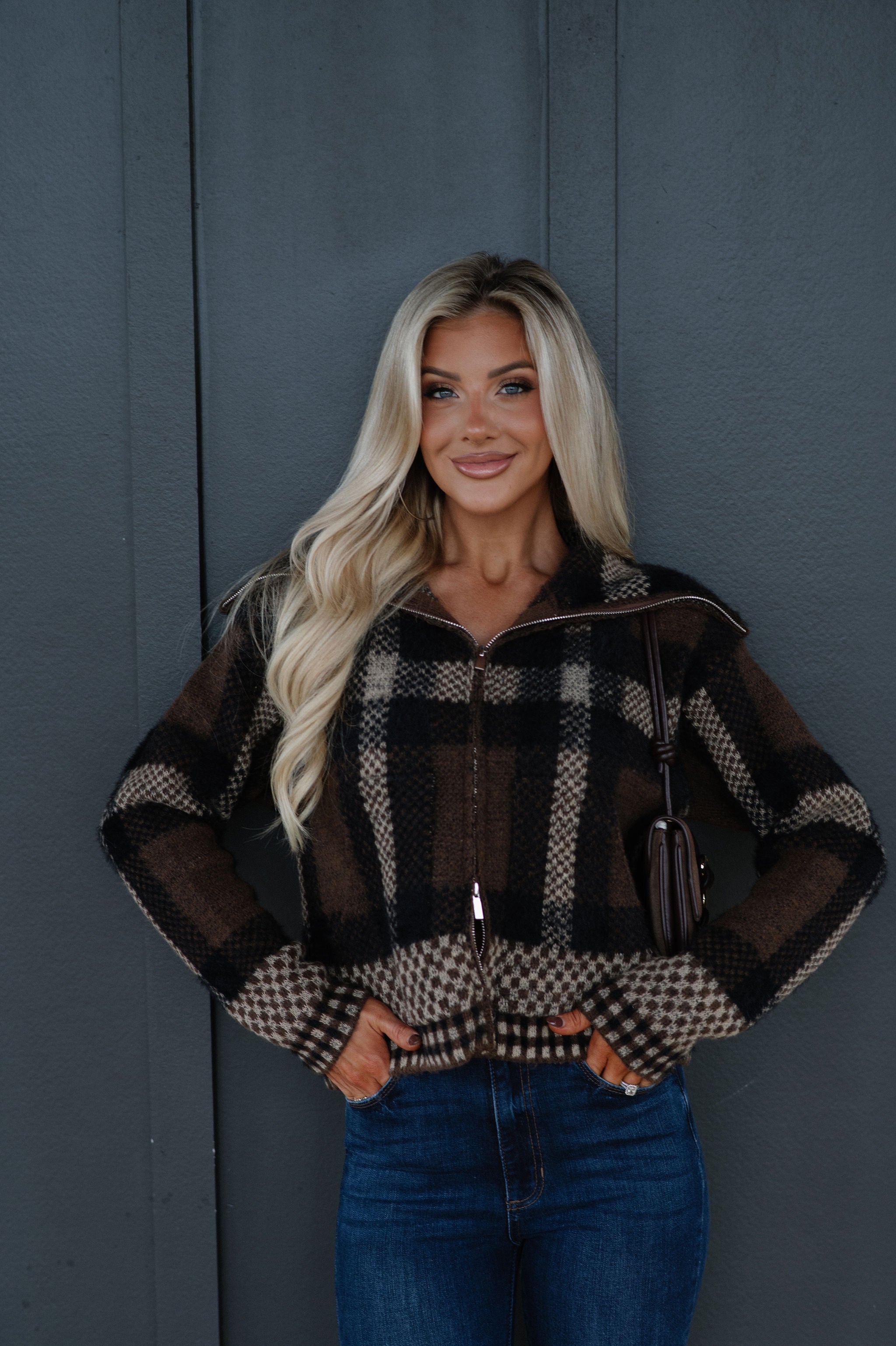 Plaid Knit Jacket-Brown