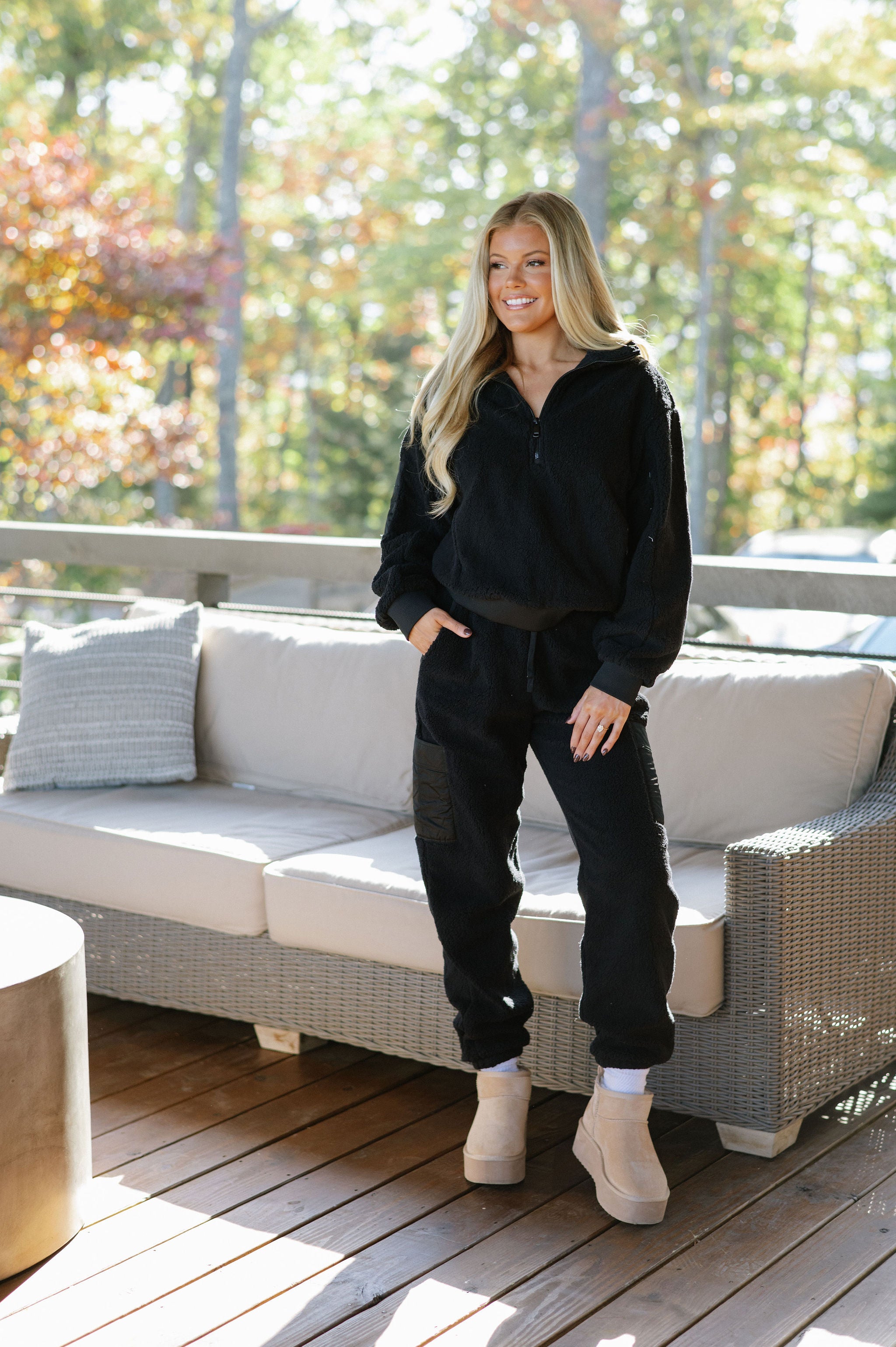 Sherpa Quarter Zip Jacket Set-Black