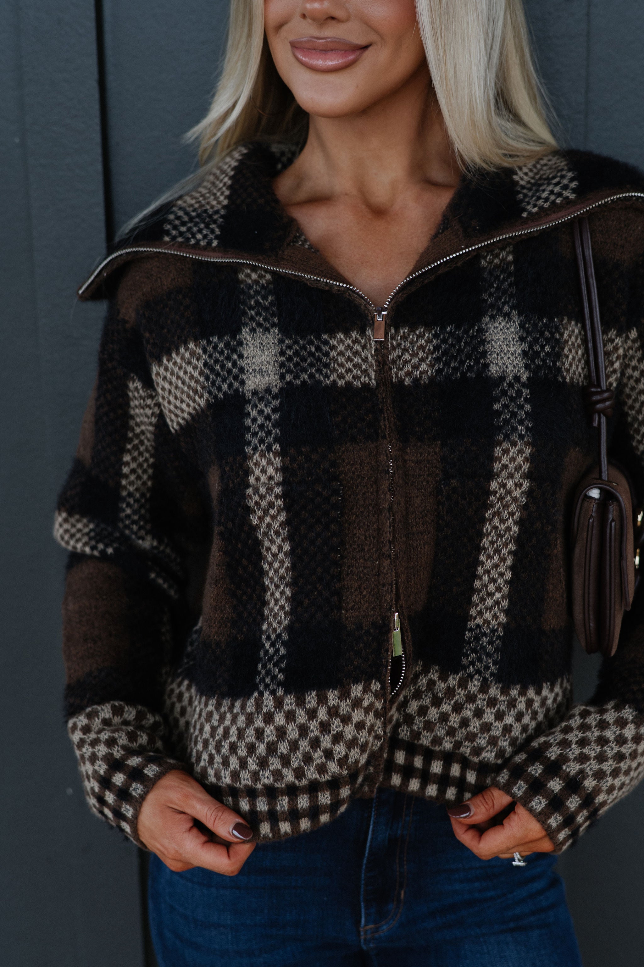 Plaid Knit Jacket-Brown