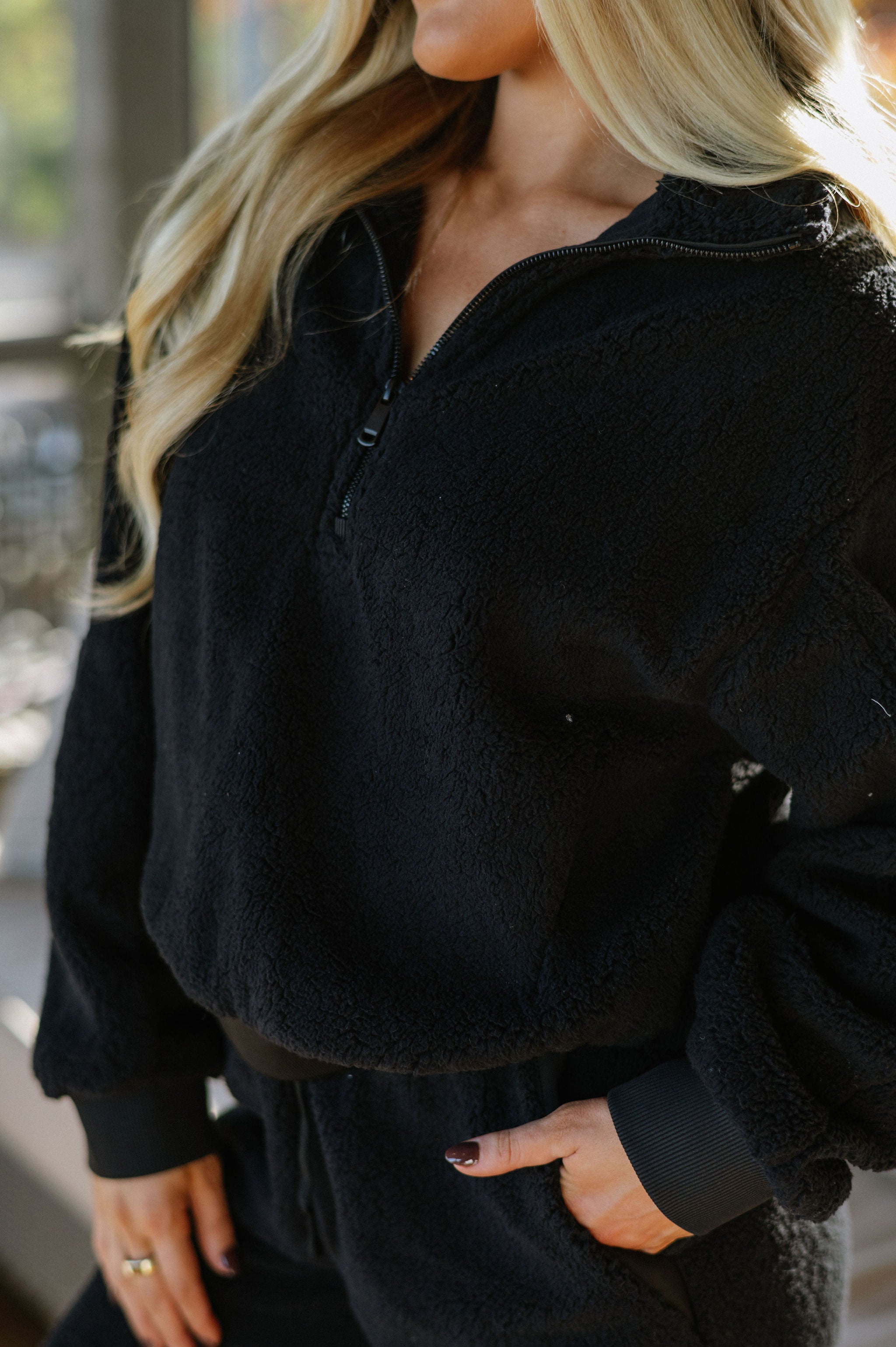 Sherpa Quarter Zip Jacket Set-Black