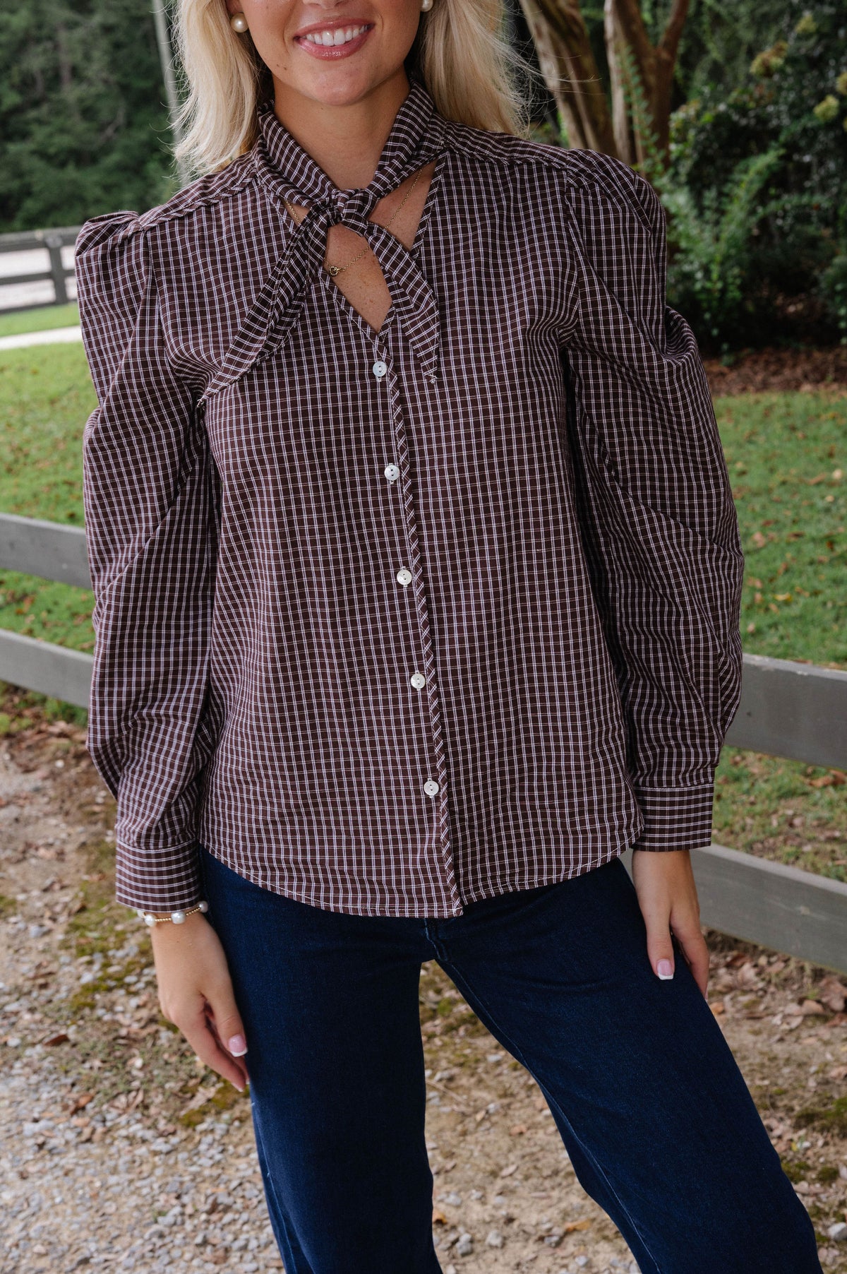 Emily Gingham Blouse-Brown