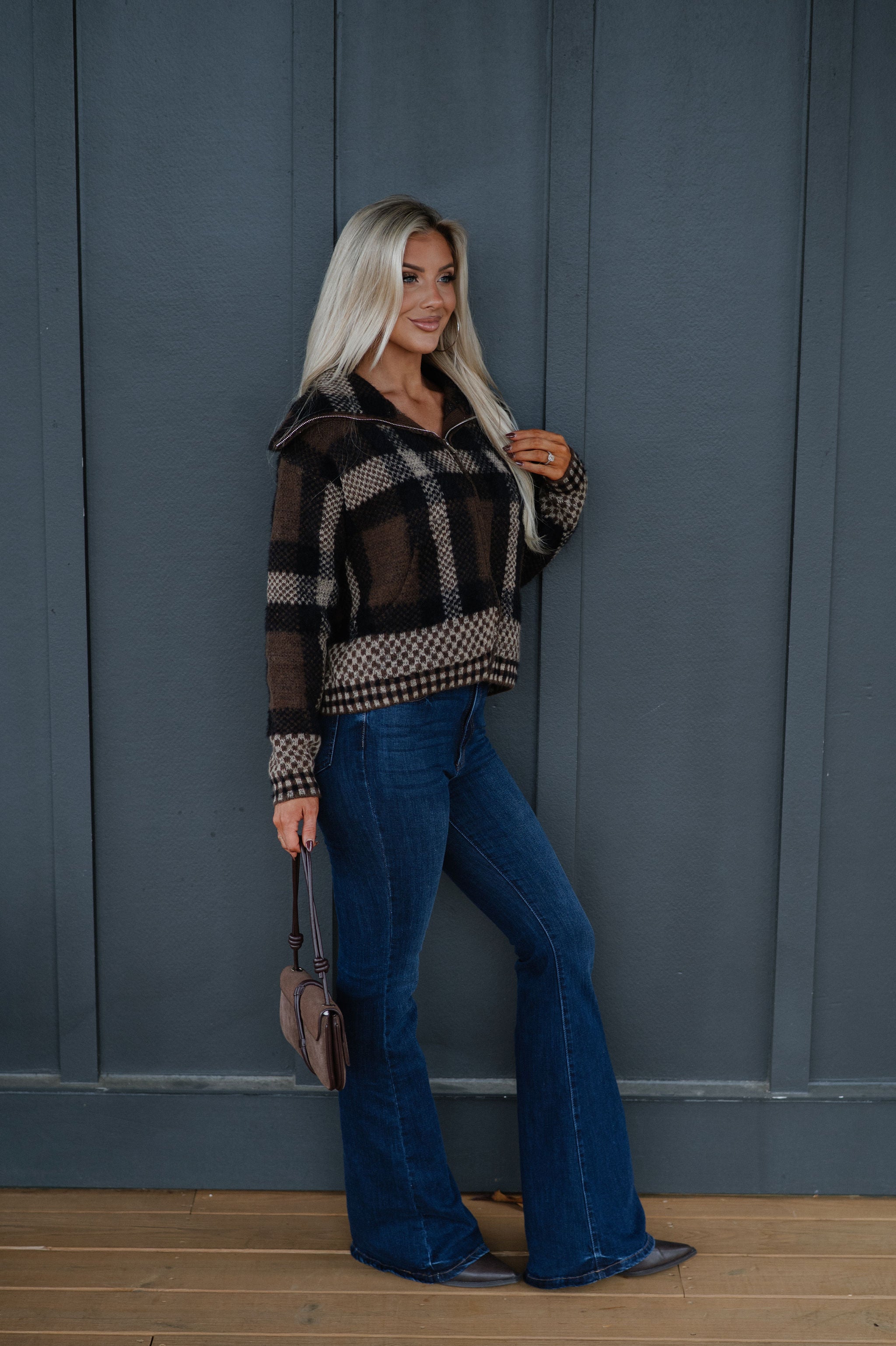 Plaid Knit Jacket-Brown