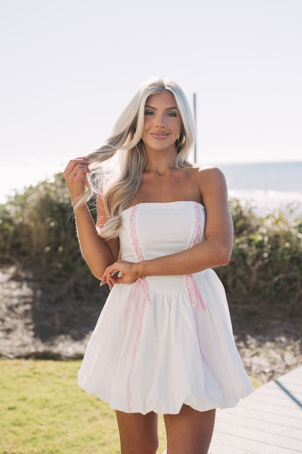 Lace Up Strapless Bubble Dress- White