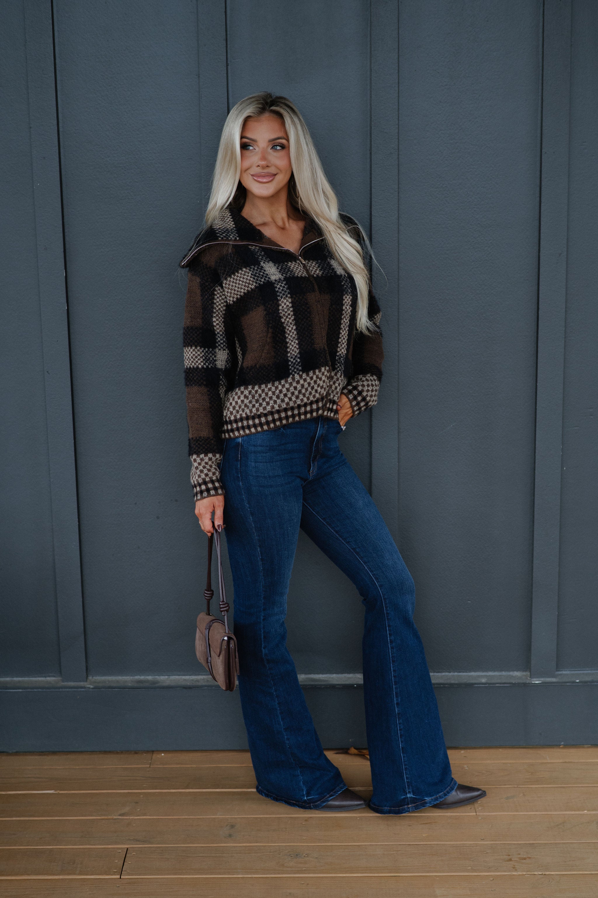 Plaid Knit Jacket-Brown