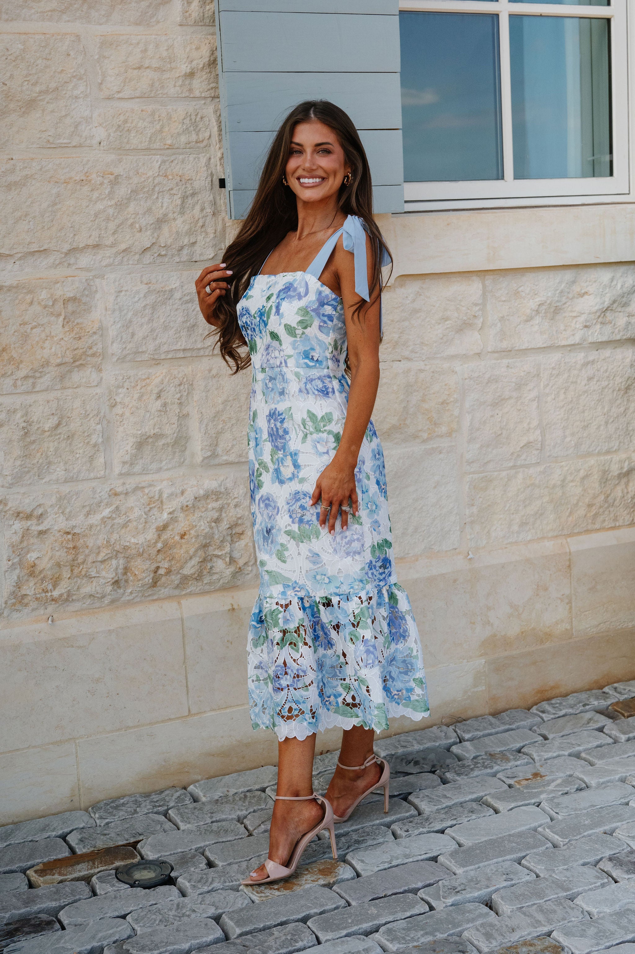 Floral Printed Midi Dress-Blue
