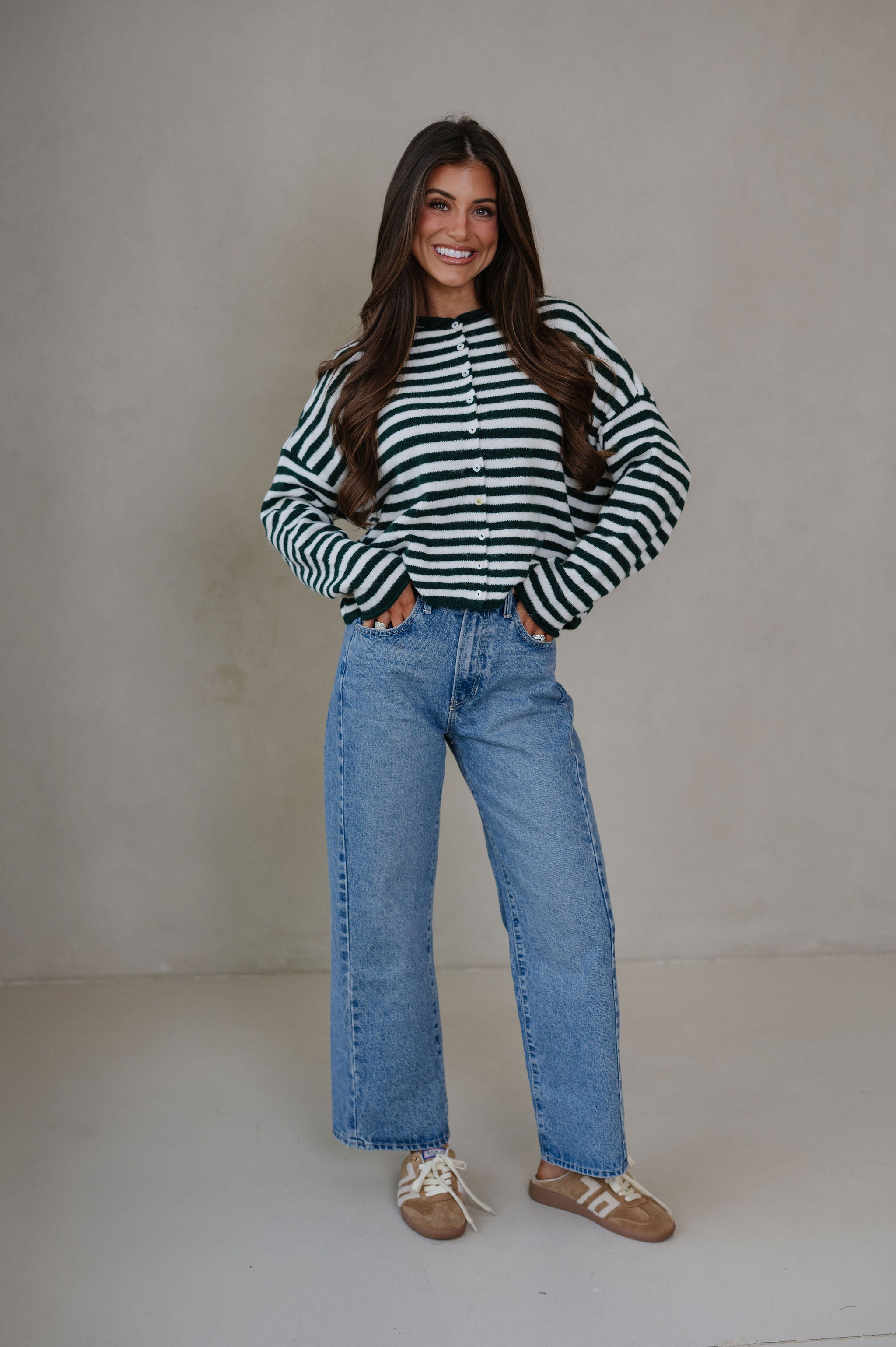 Sony Striped Cardigan-Forest Green