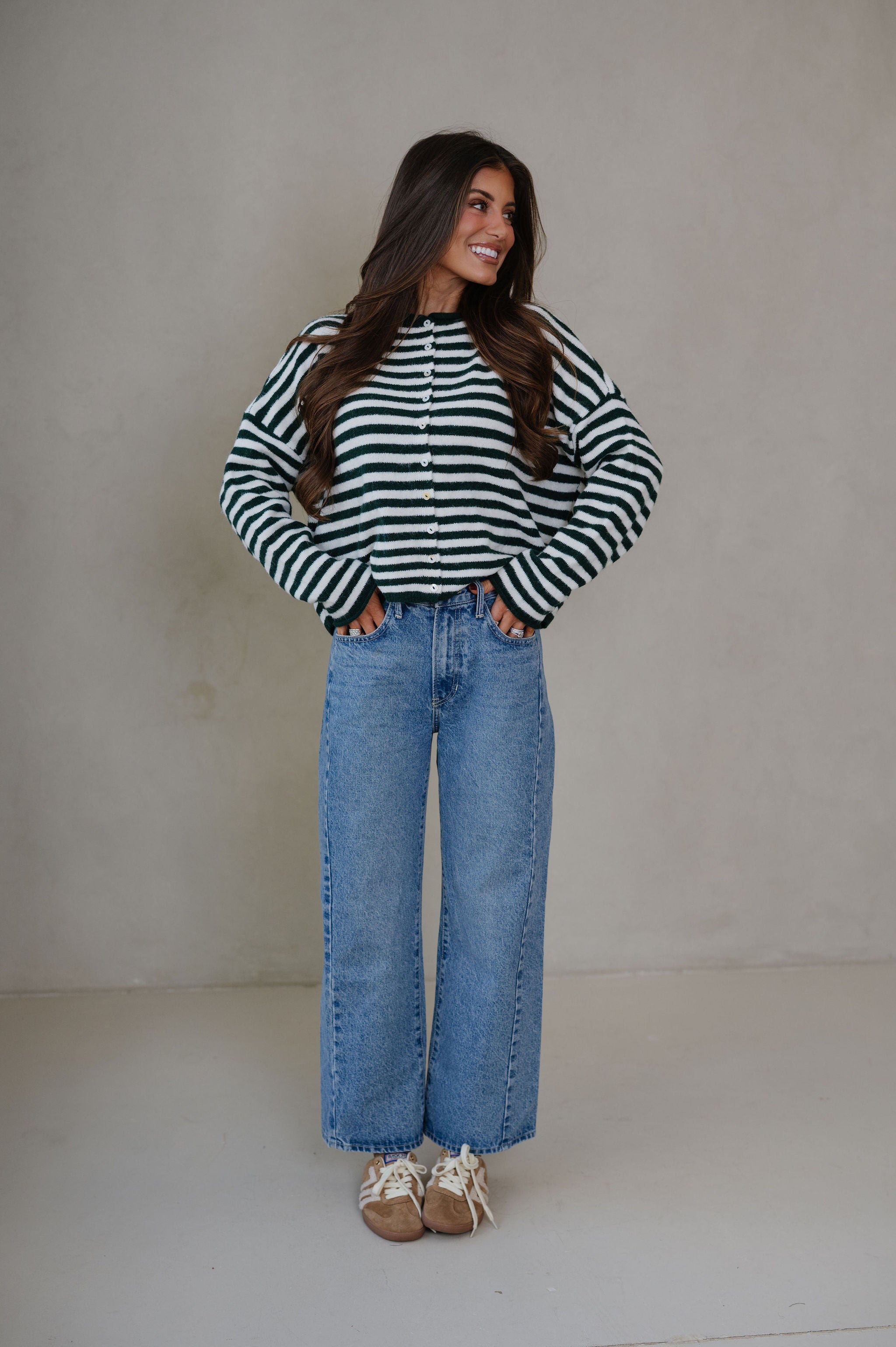 Sony Striped Cardigan-Forest Green