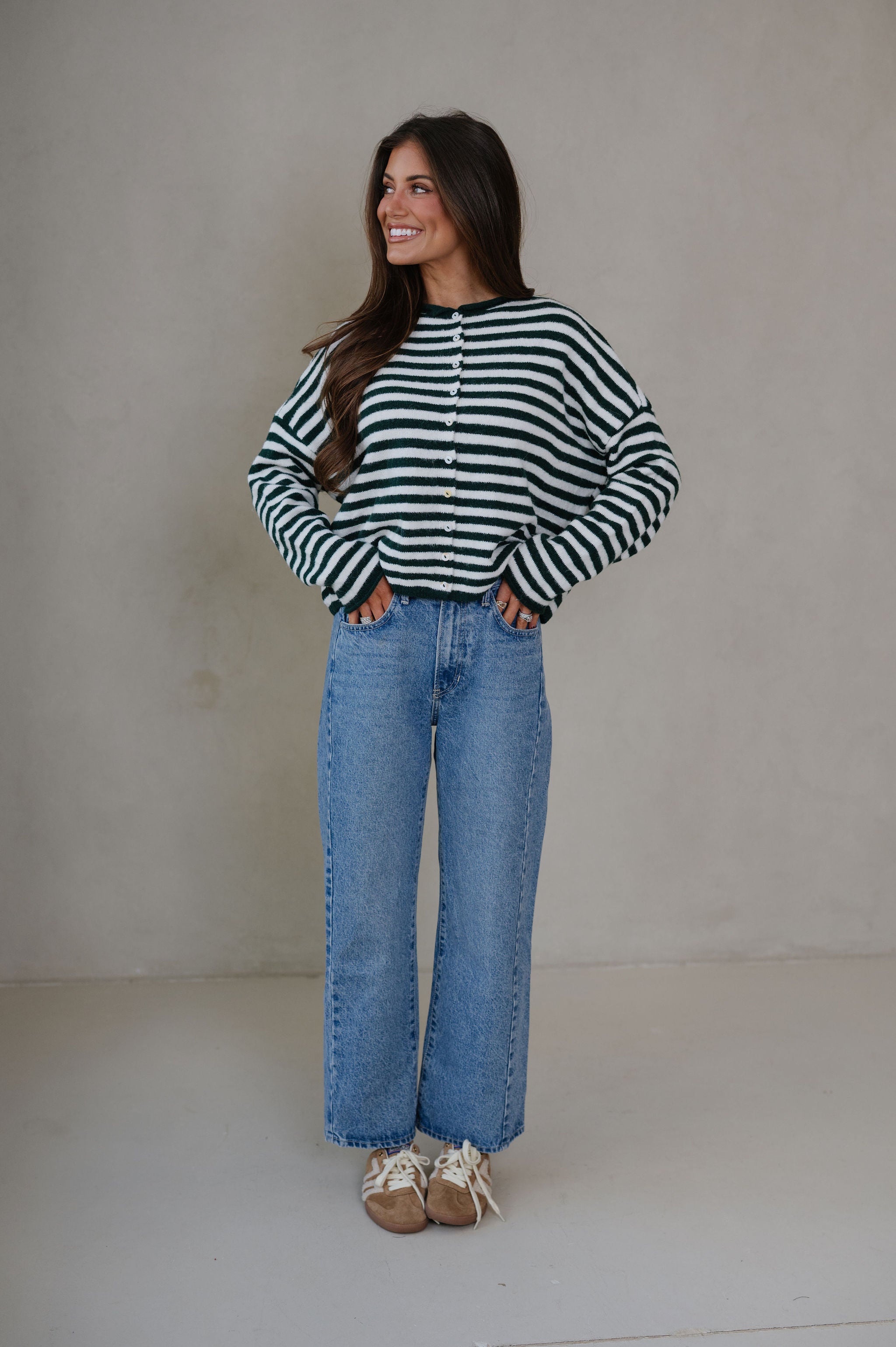 Sony Striped Cardigan-Forest Green