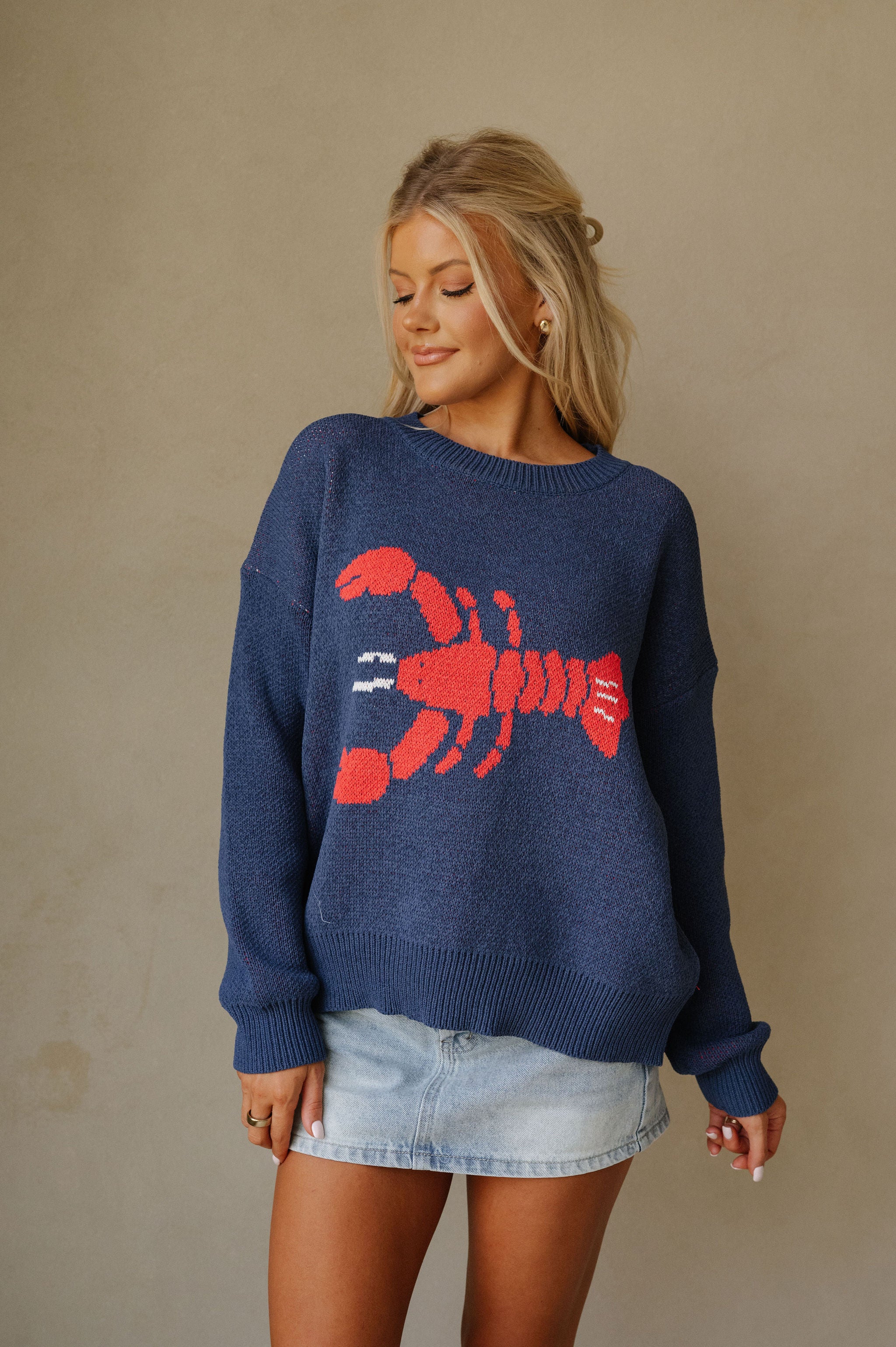Lobster Knit Round Neck Sweater-Navy