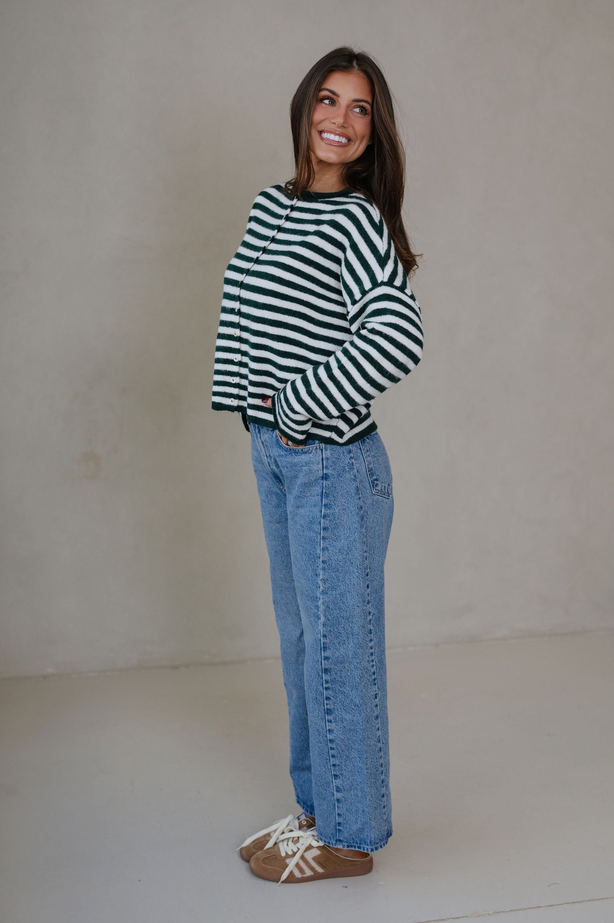 Sony Striped Cardigan-Forest Green