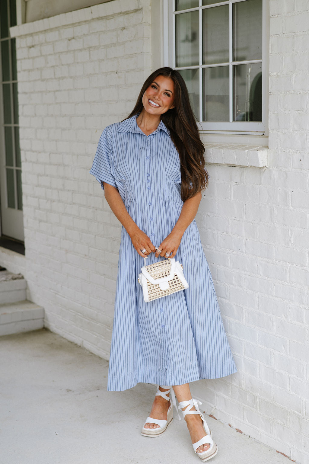 Pin Striped Poplin Midi Shirt Dress