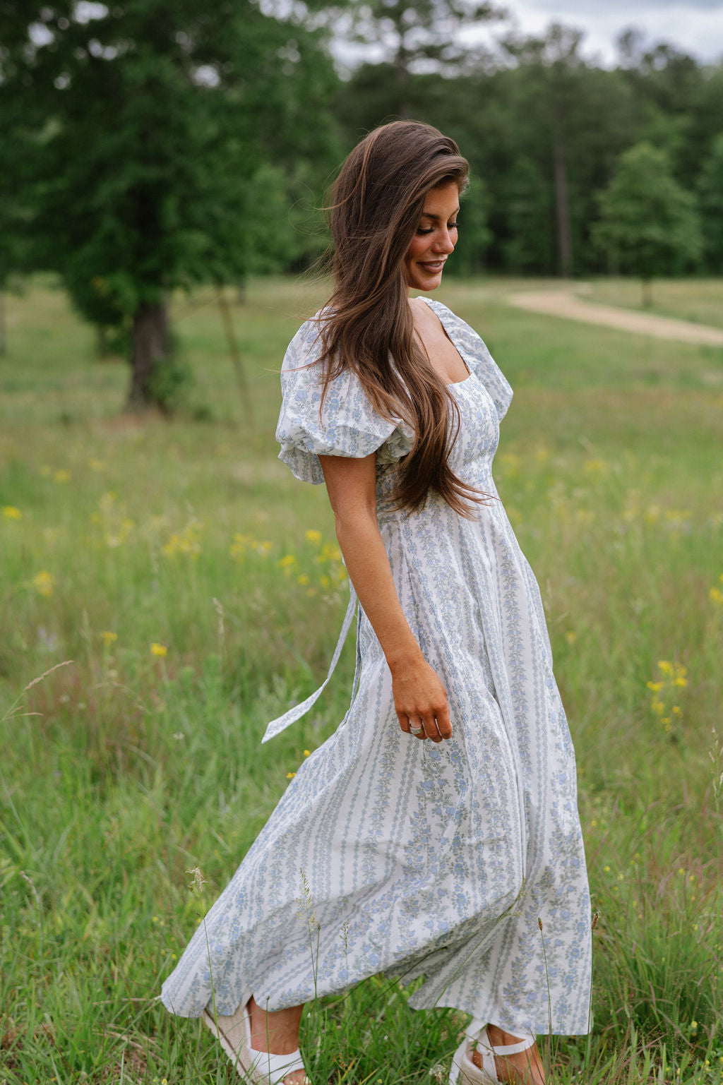 Puff Sleeve Printed Midi Dress-Blue