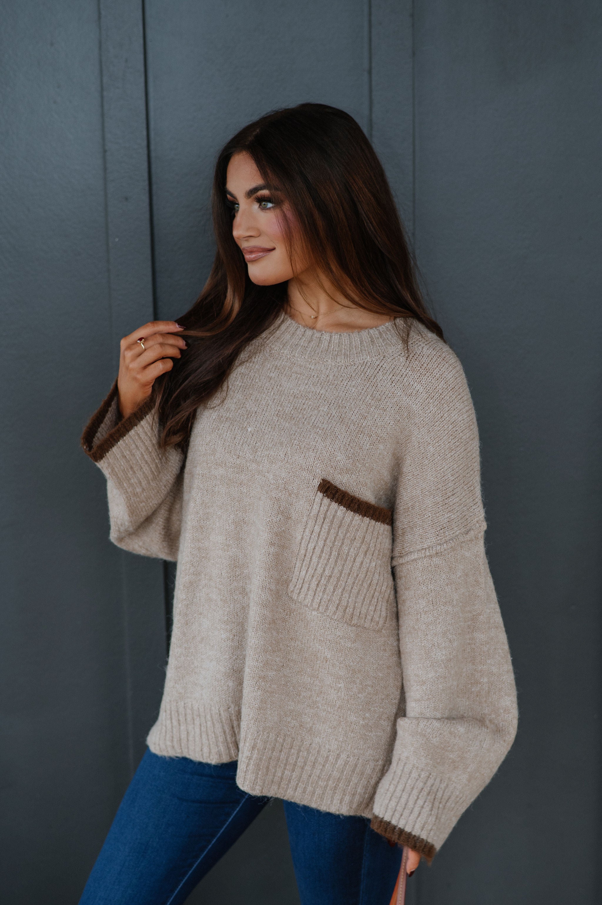 Crewneck Oversized Knit Sweater-Taupe