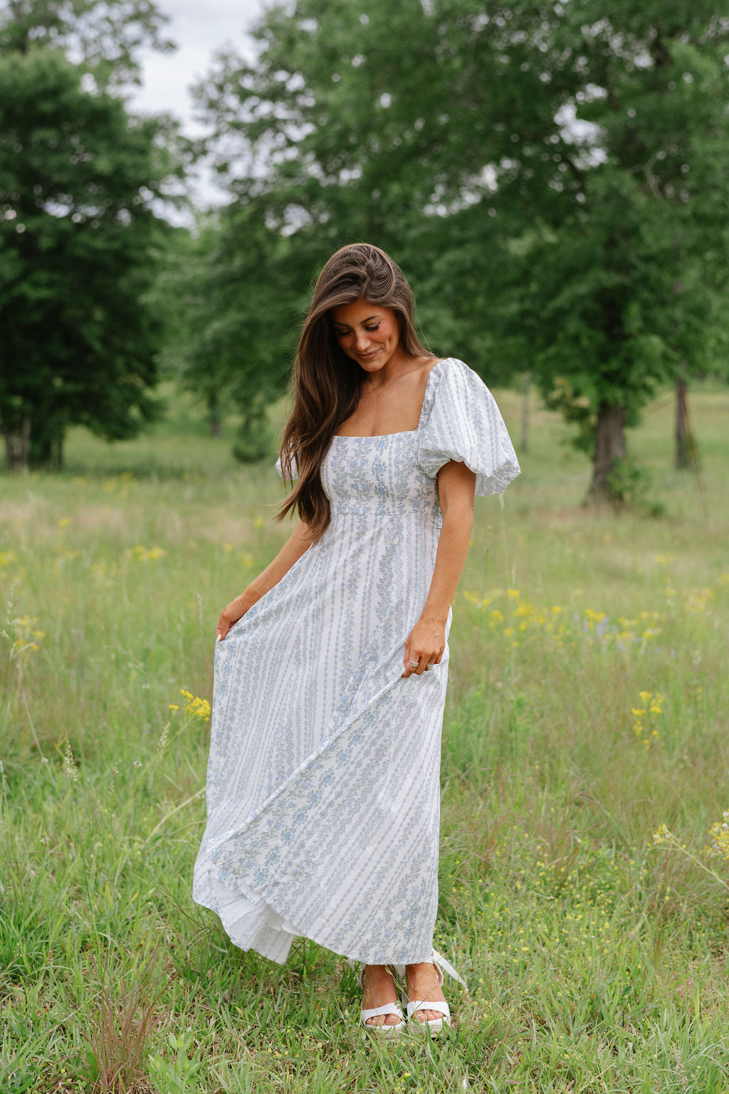 Puff Sleeve Printed Midi Dress-Blue