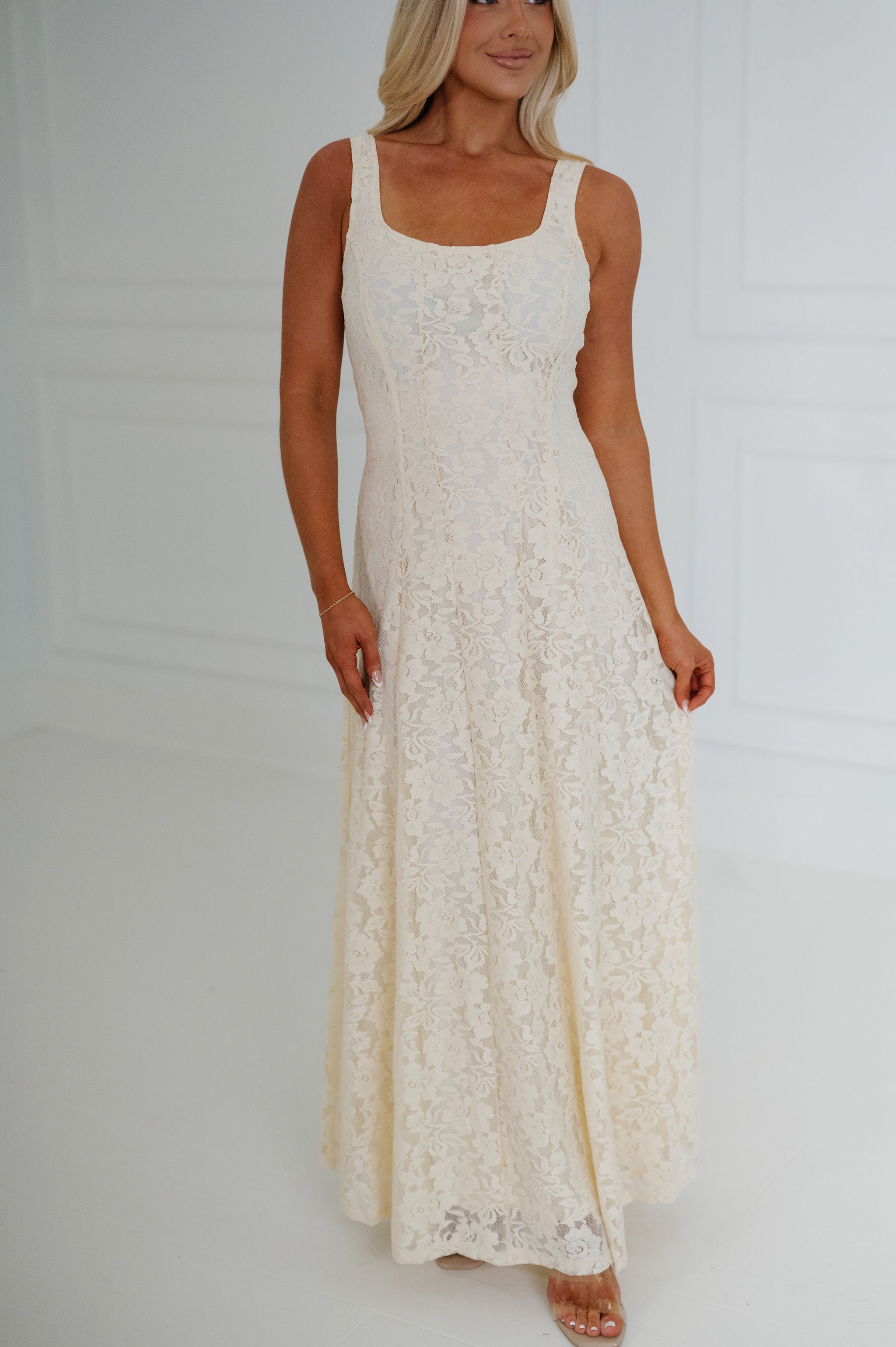 Myla Lace Square Neck Maxi Dress-Cream