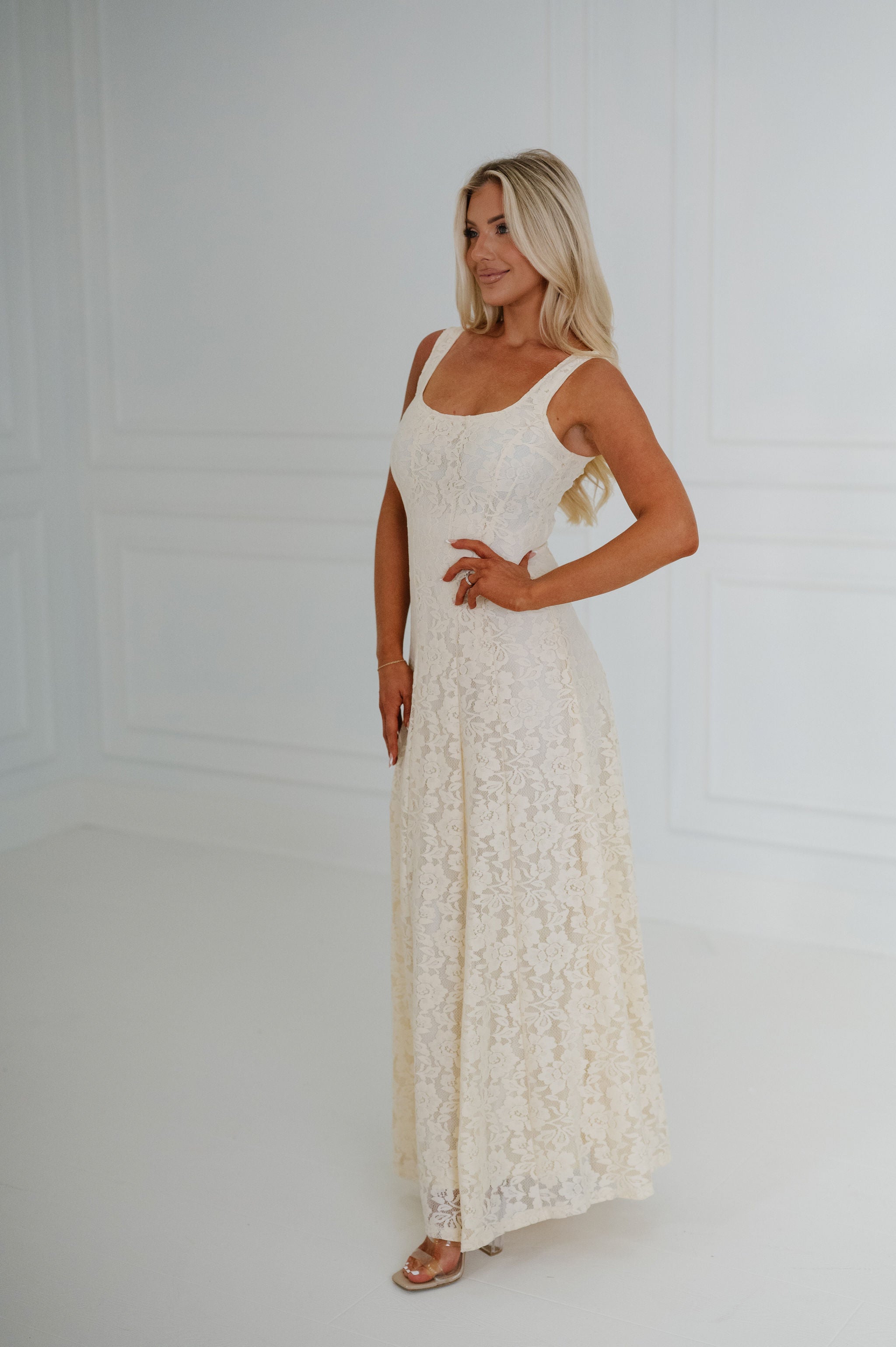 Myla Lace Square Neck Maxi Dress-Cream