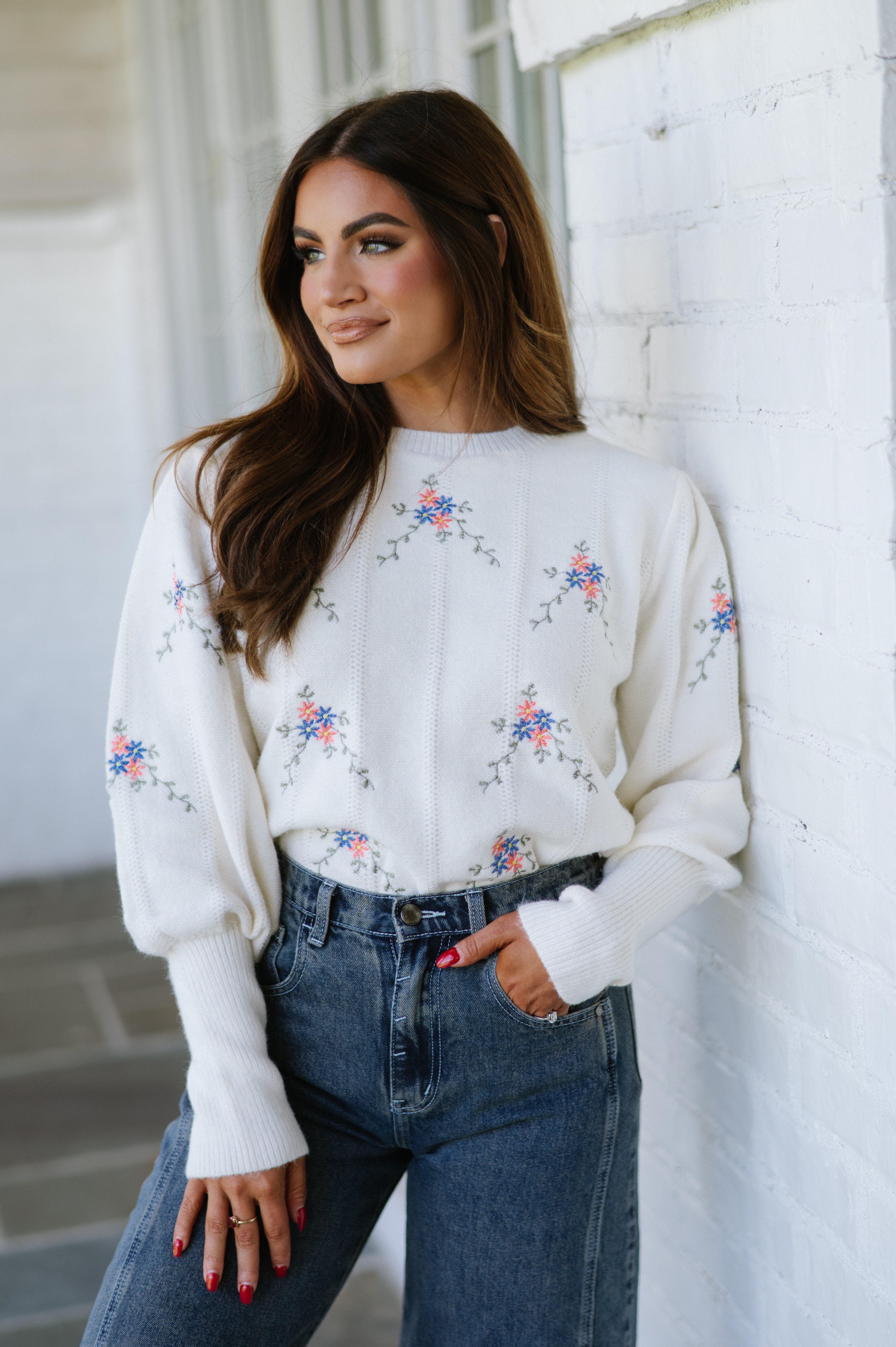 Floral Embroidered Sweater-Ivory