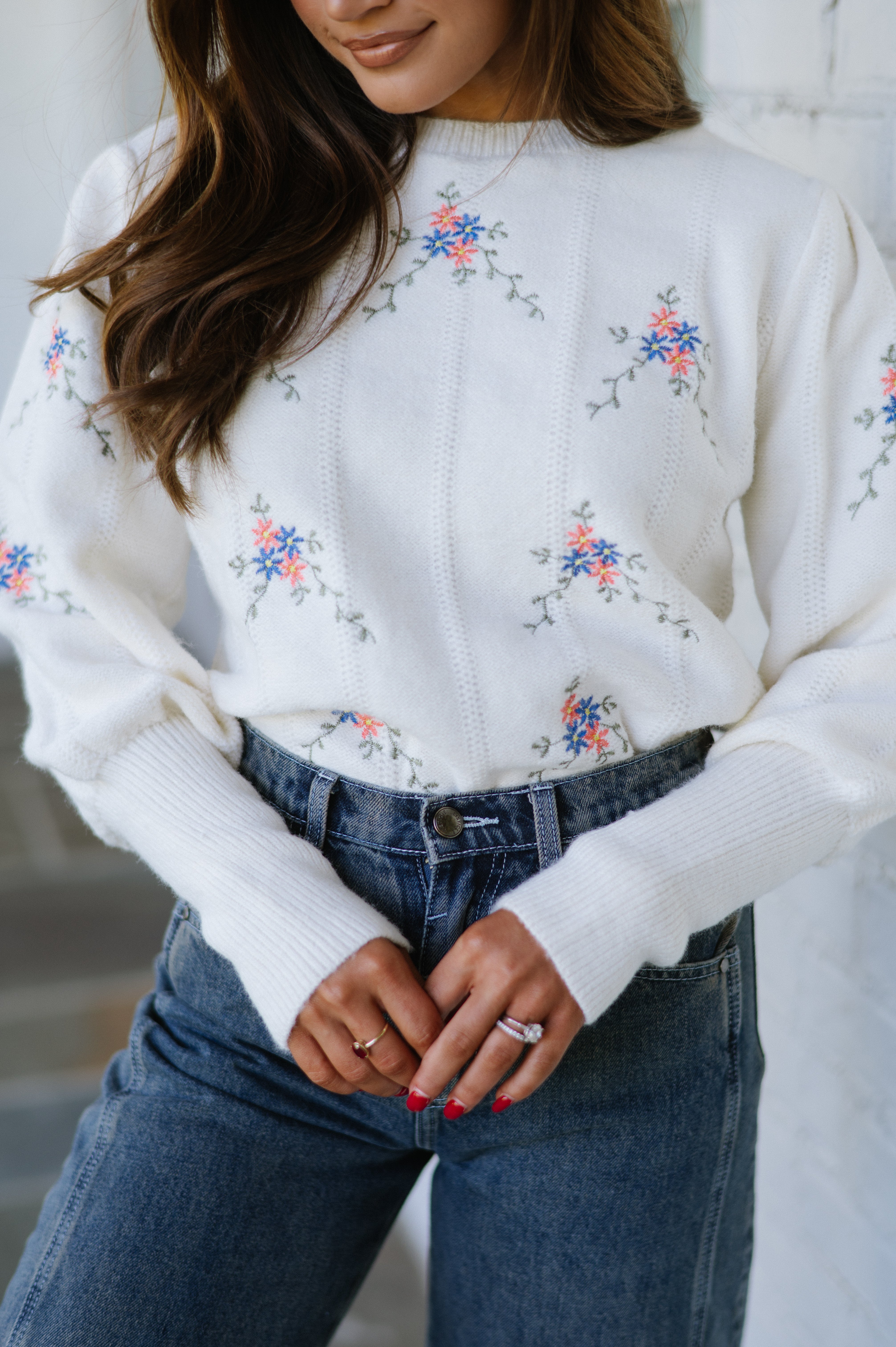 Floral Embroidered Sweater-Ivory