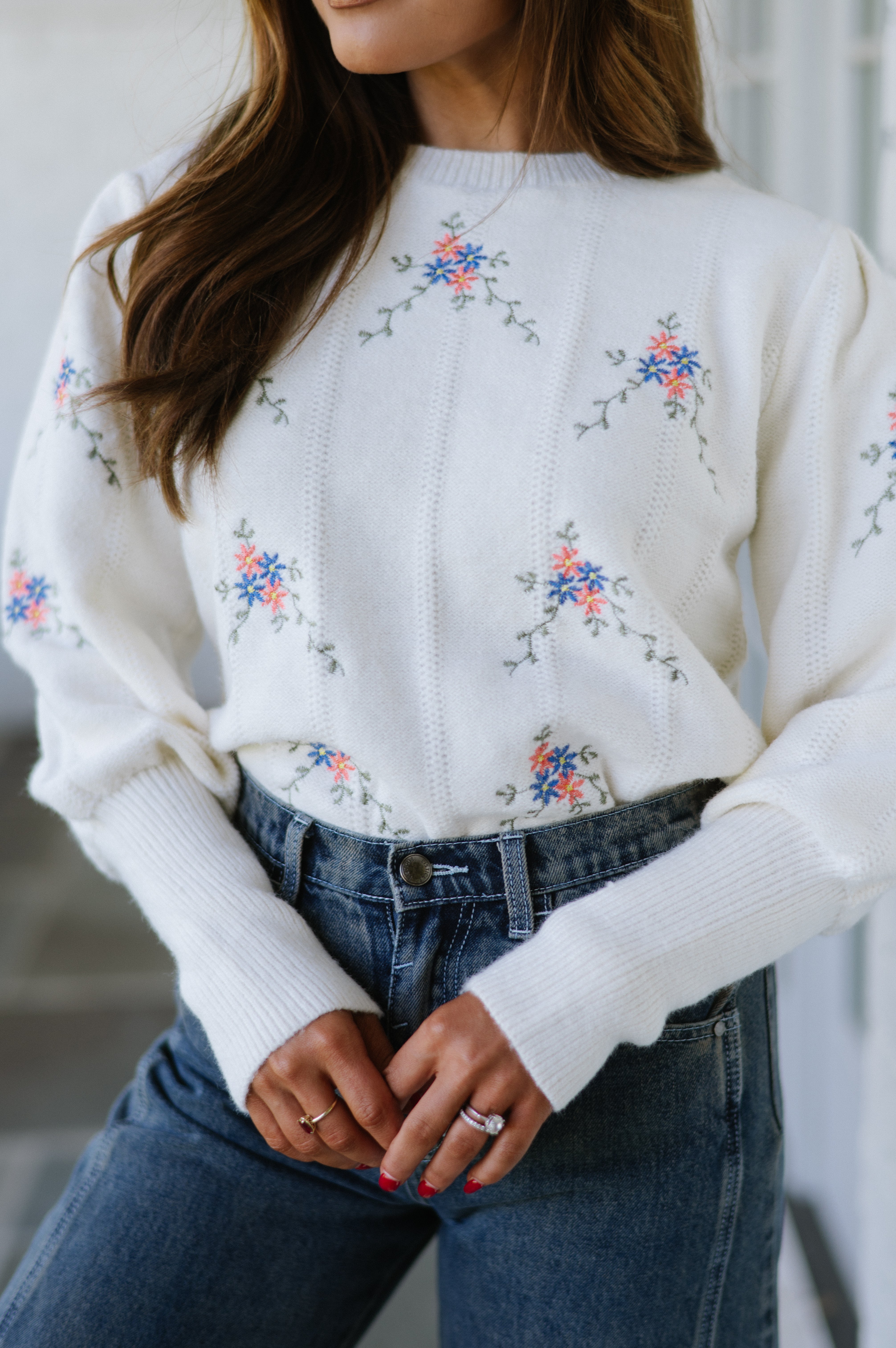 Floral Embroidered Sweater-Ivory