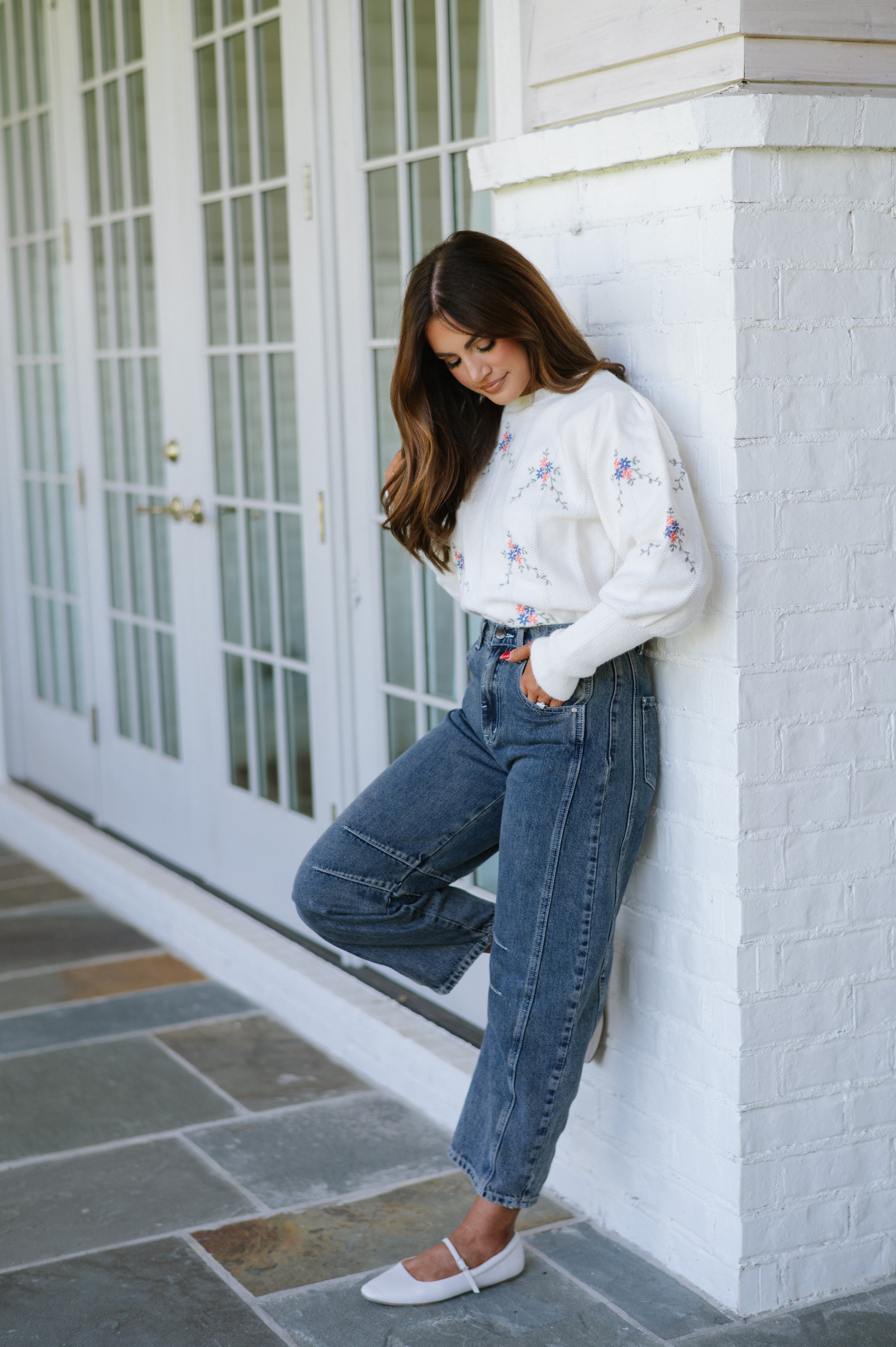 Floral Embroidered Sweater-Ivory