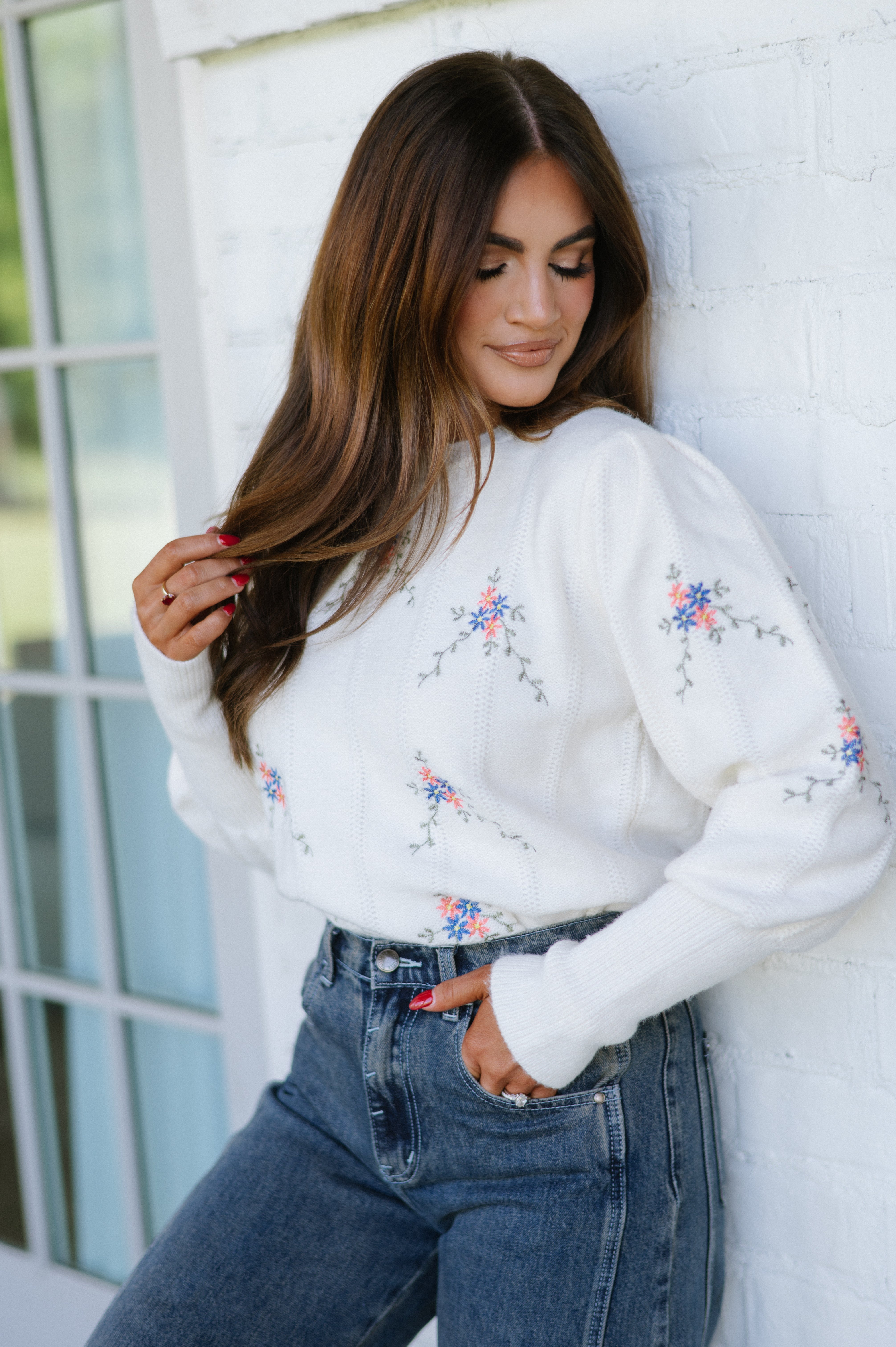 Floral Embroidered Sweater-Ivory