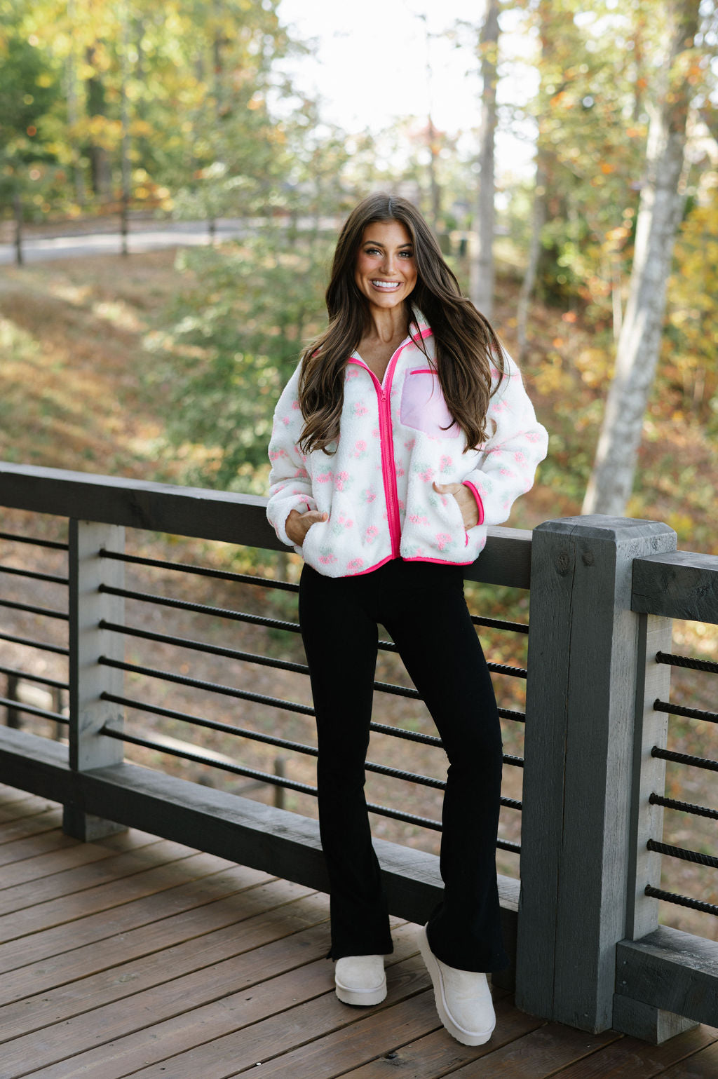 Floral Print Sherpa Jacket-Pink