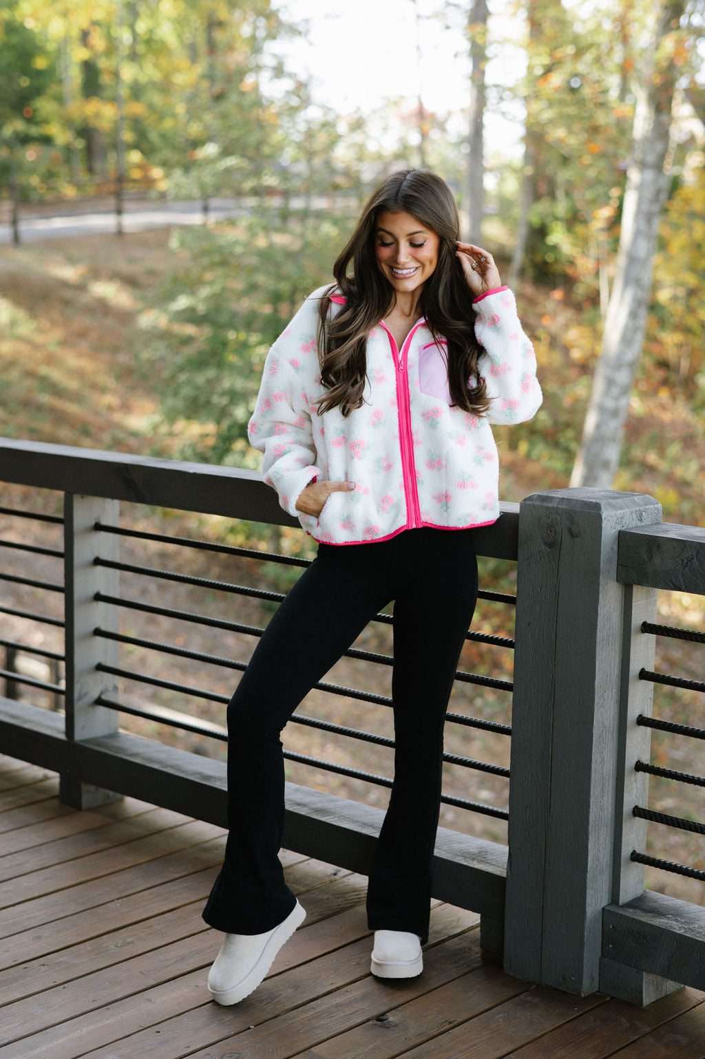 Floral Print Sherpa Jacket-Pink