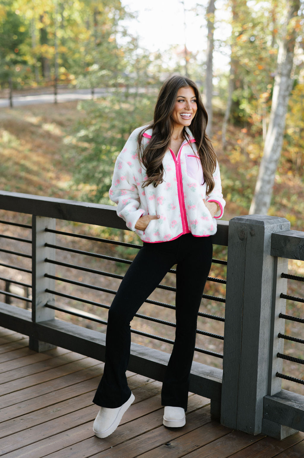 Floral Print Sherpa Jacket-Pink