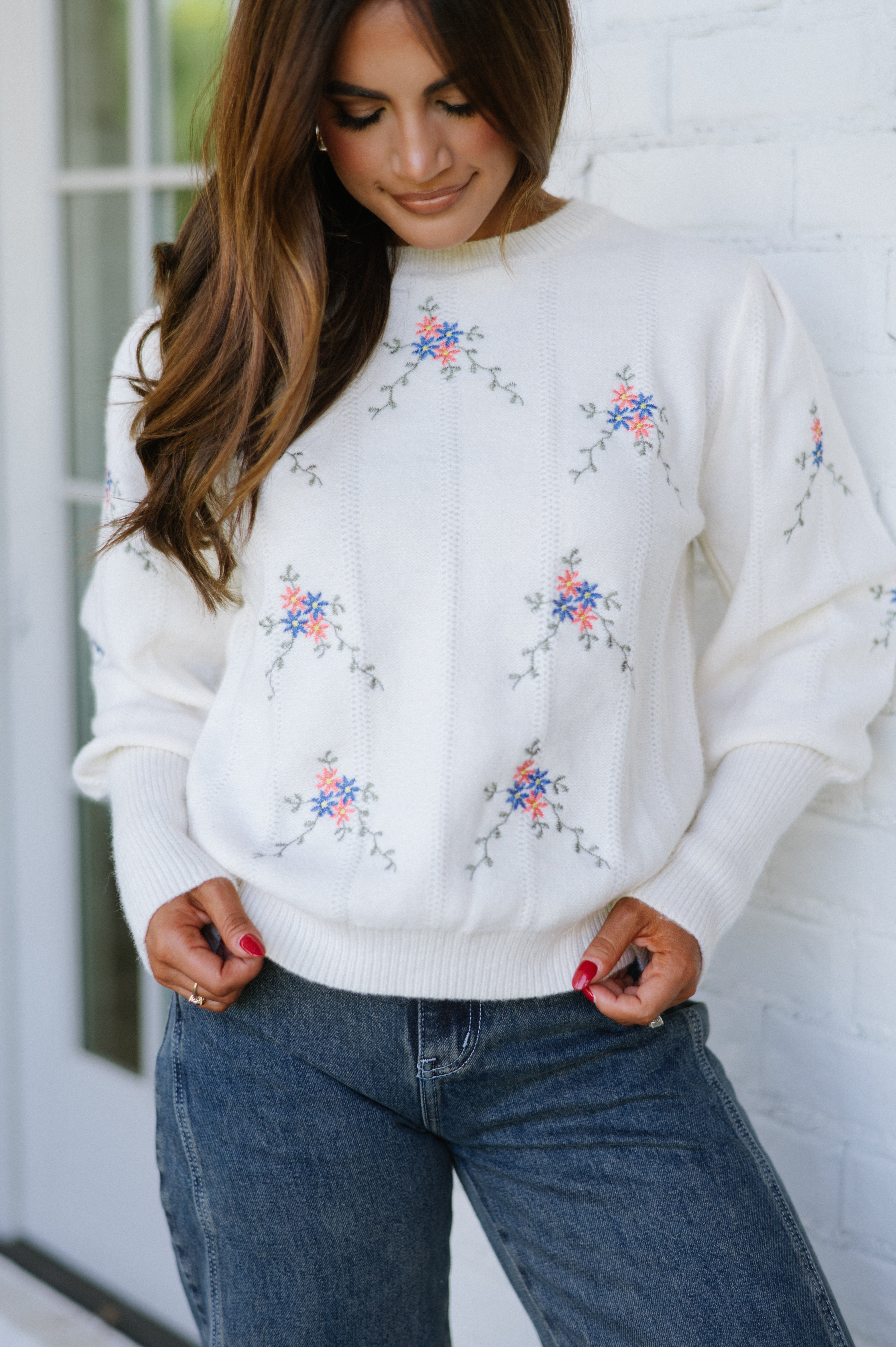 Floral Embroidered Sweater-Ivory