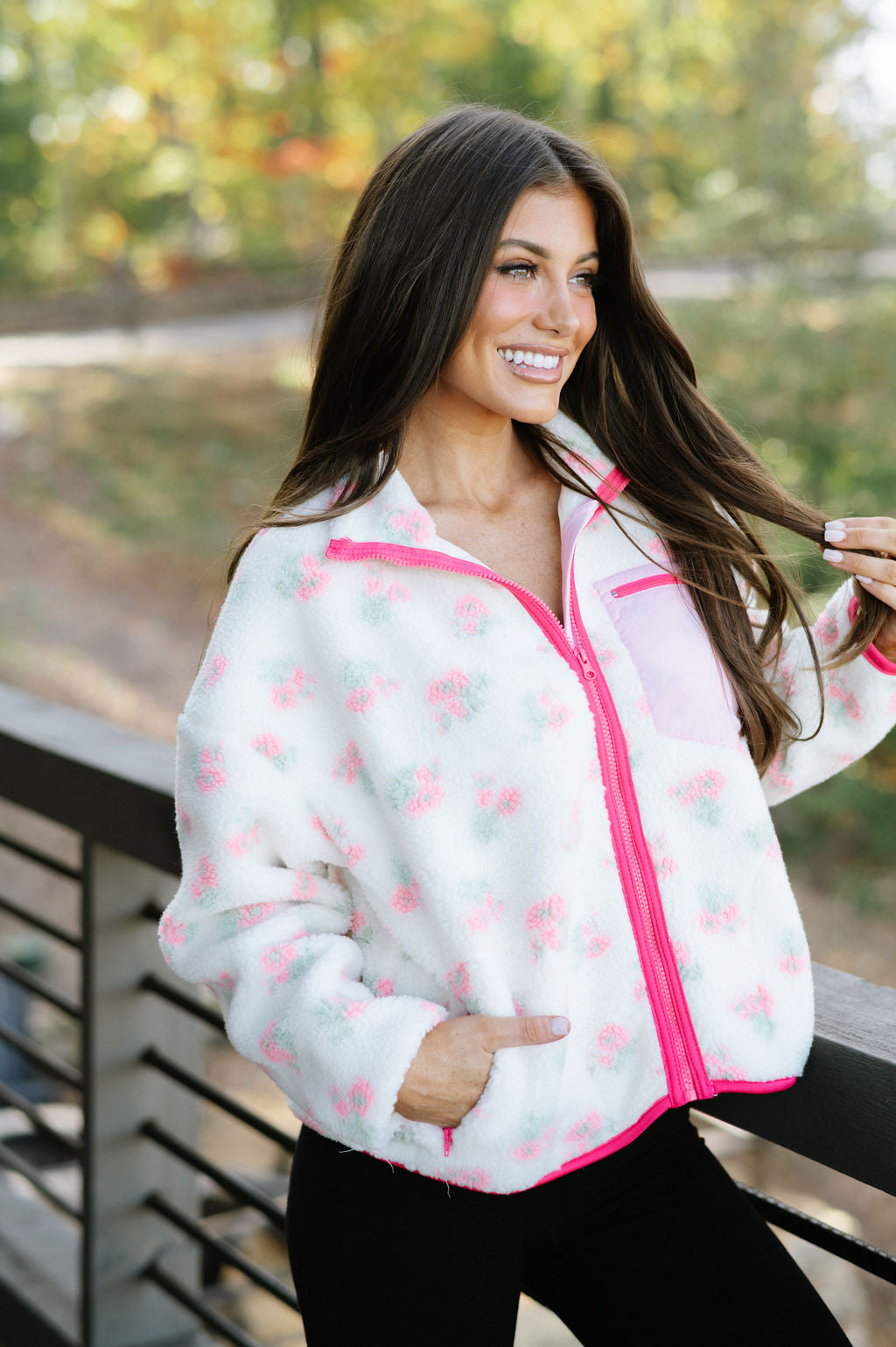 Floral Print Sherpa Jacket-Pink