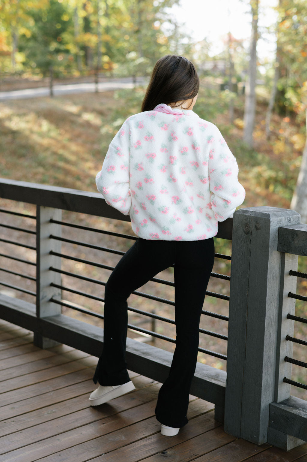 Floral Print Sherpa Jacket-Pink