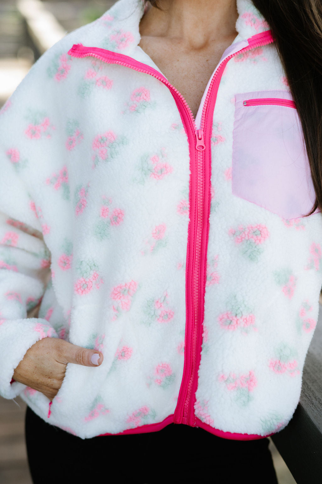 Floral Print Sherpa Jacket-Pink