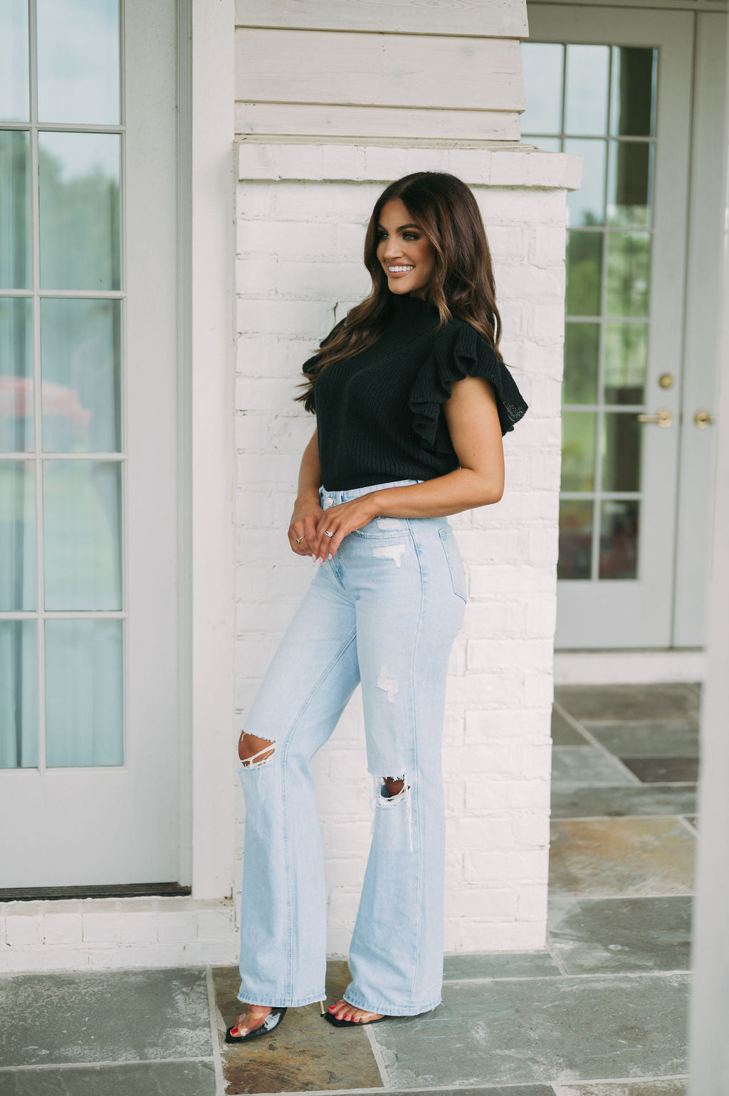 White ruffle sleeve clearance sweater