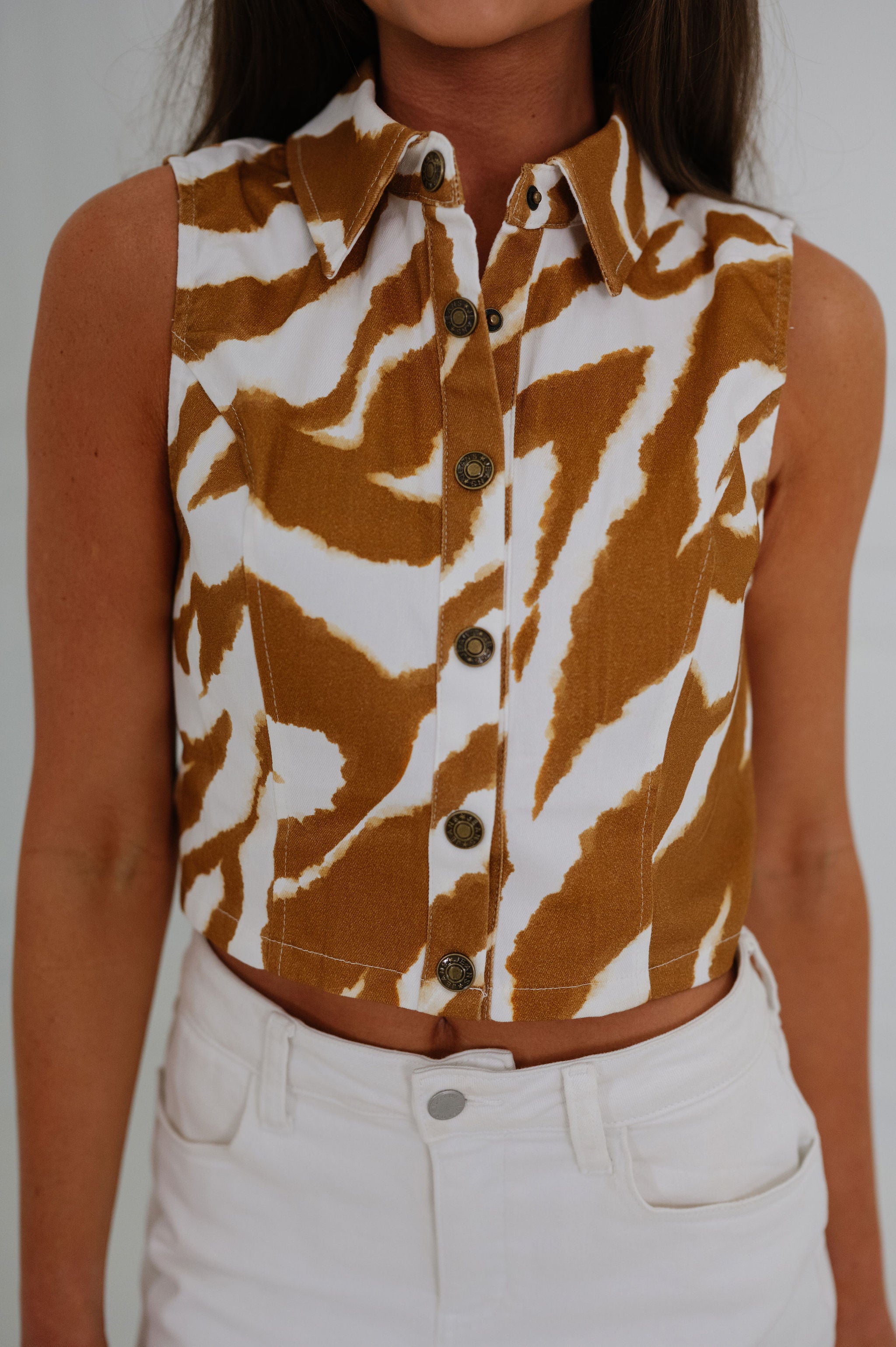 Zebra Print Sleeveless Collared Top
