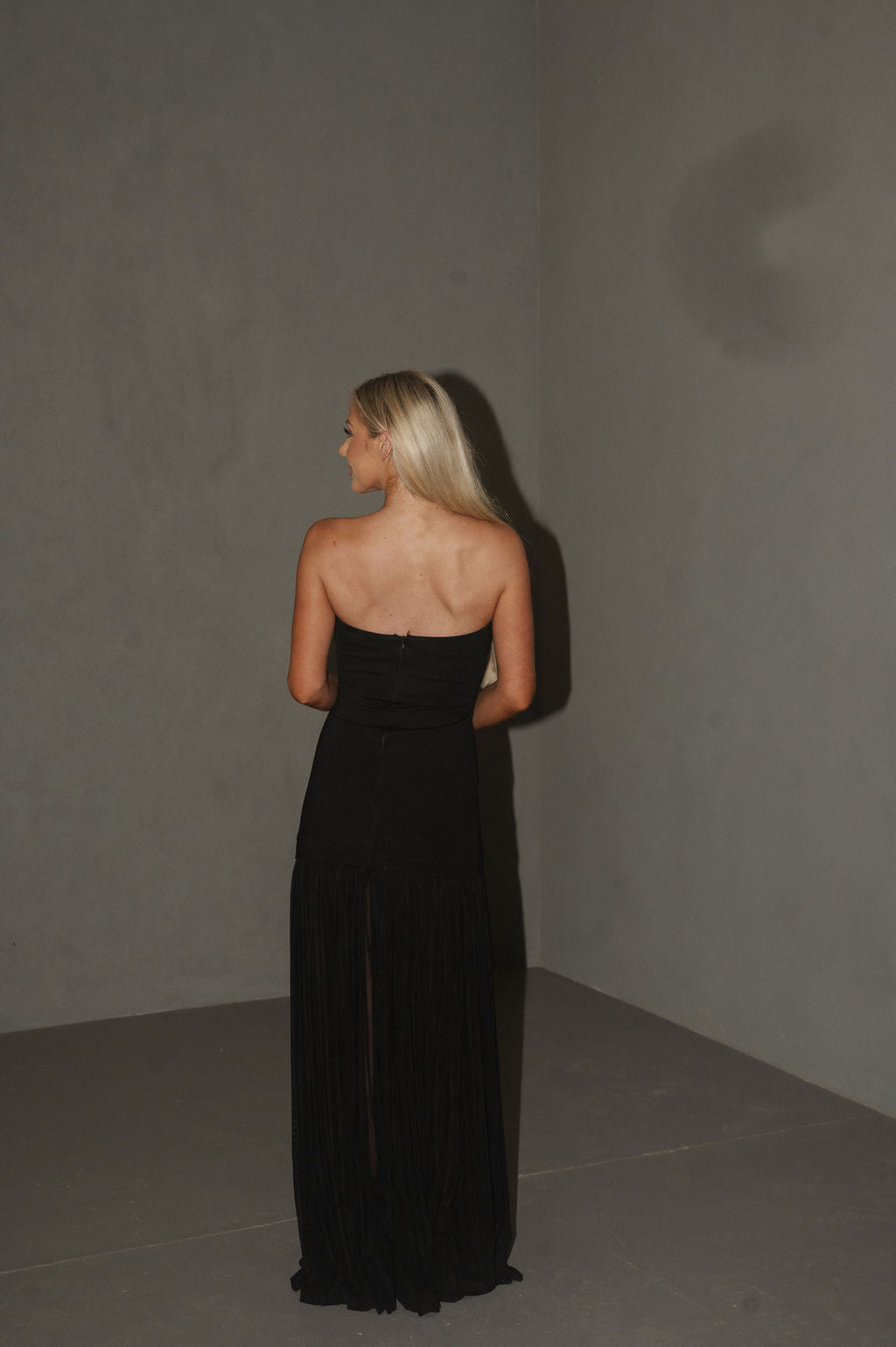 Shirred Chiffon Maxi Dress-Black
