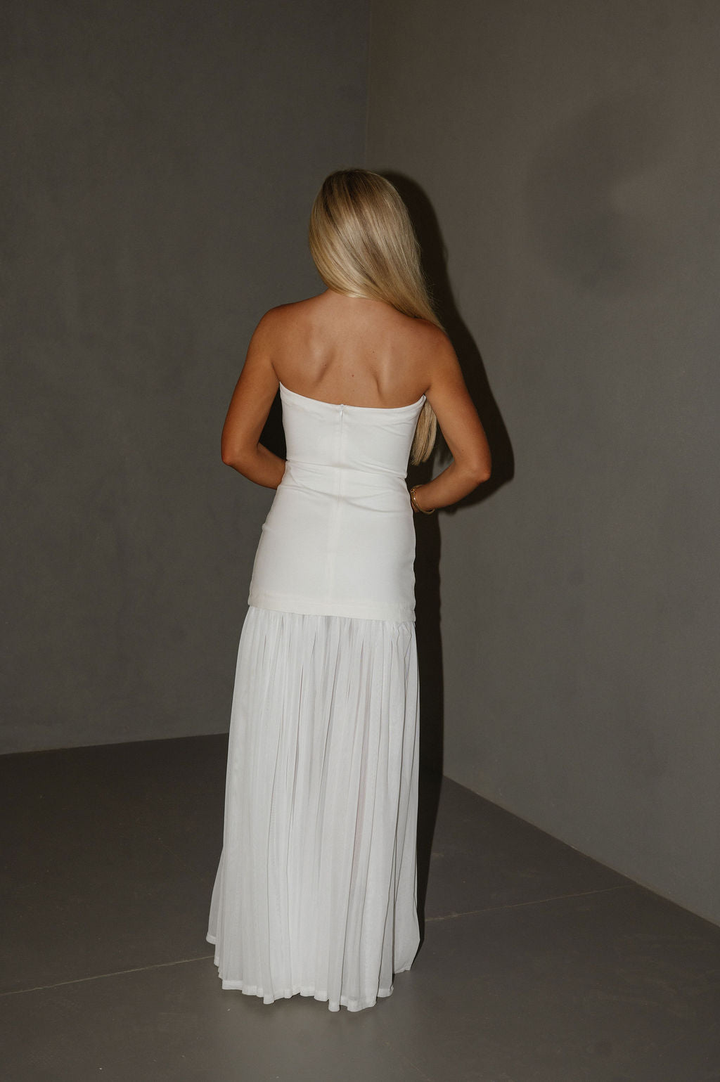 Shirred Chiffon Maxi Dress-Off White