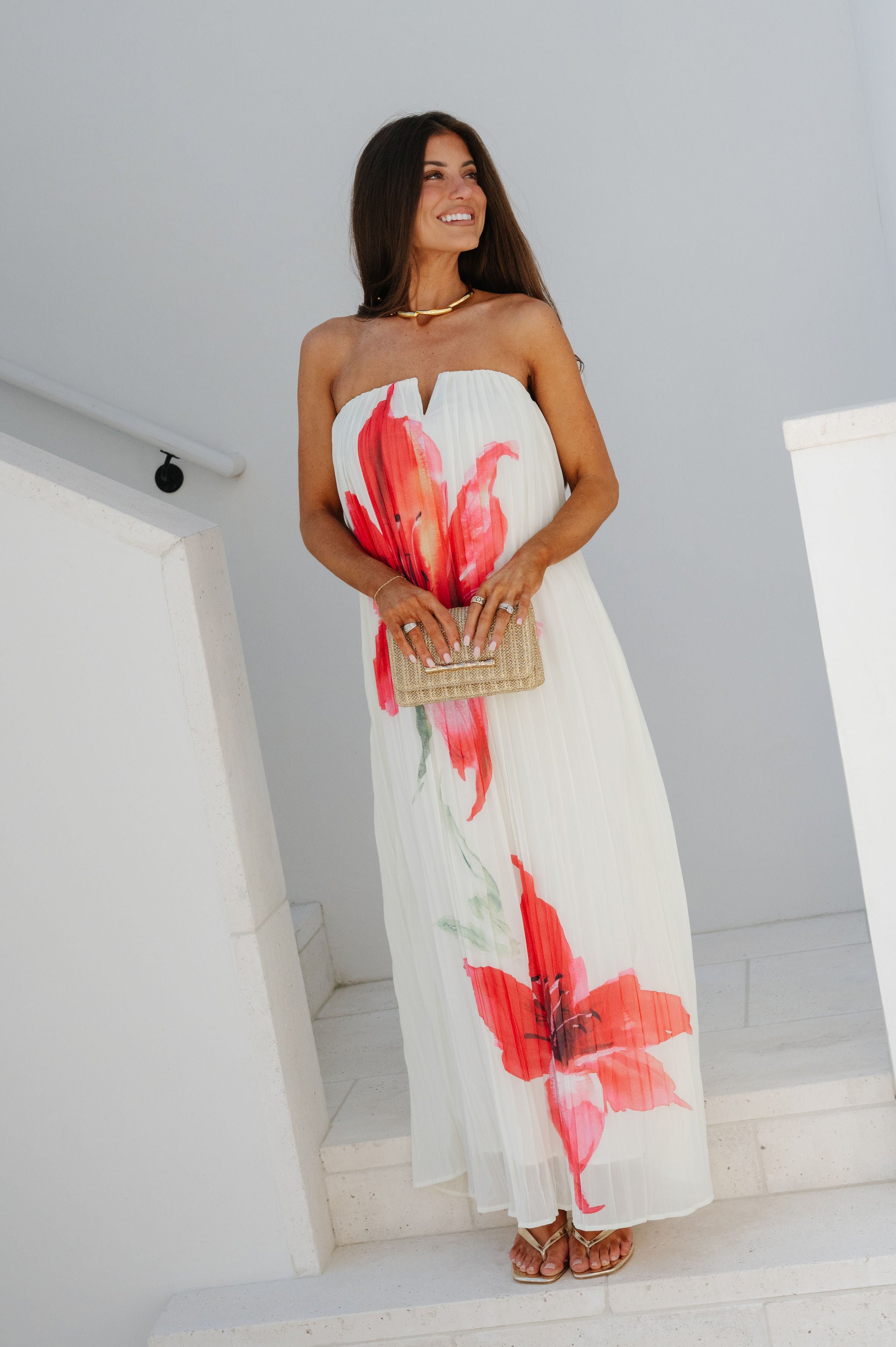 Floral Pleated Strapless Maxi Dress-Cream