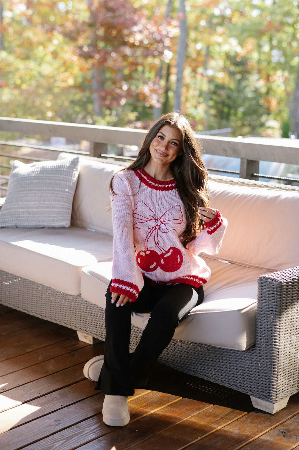 Cherry Ribbon Knit Sweater-Light Pink