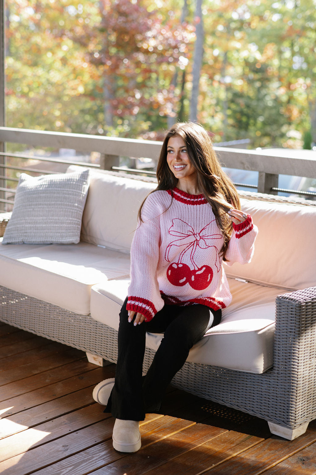 Cherry Ribbon Knit Sweater-Light Pink